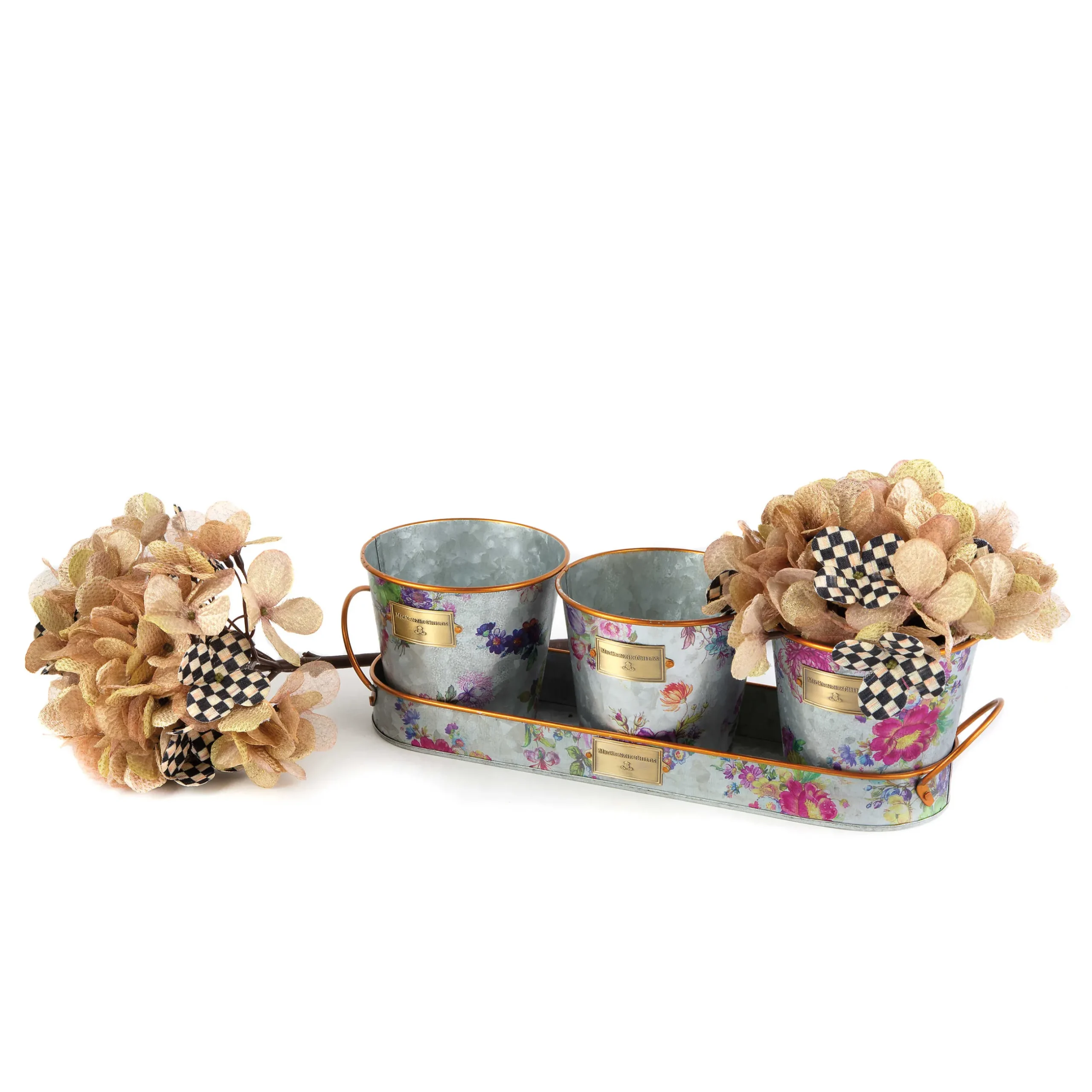 Spring|Outdoor|MacKenzie-Childs Flower Market Galvanized Herb Pots with Tray, Set of 3