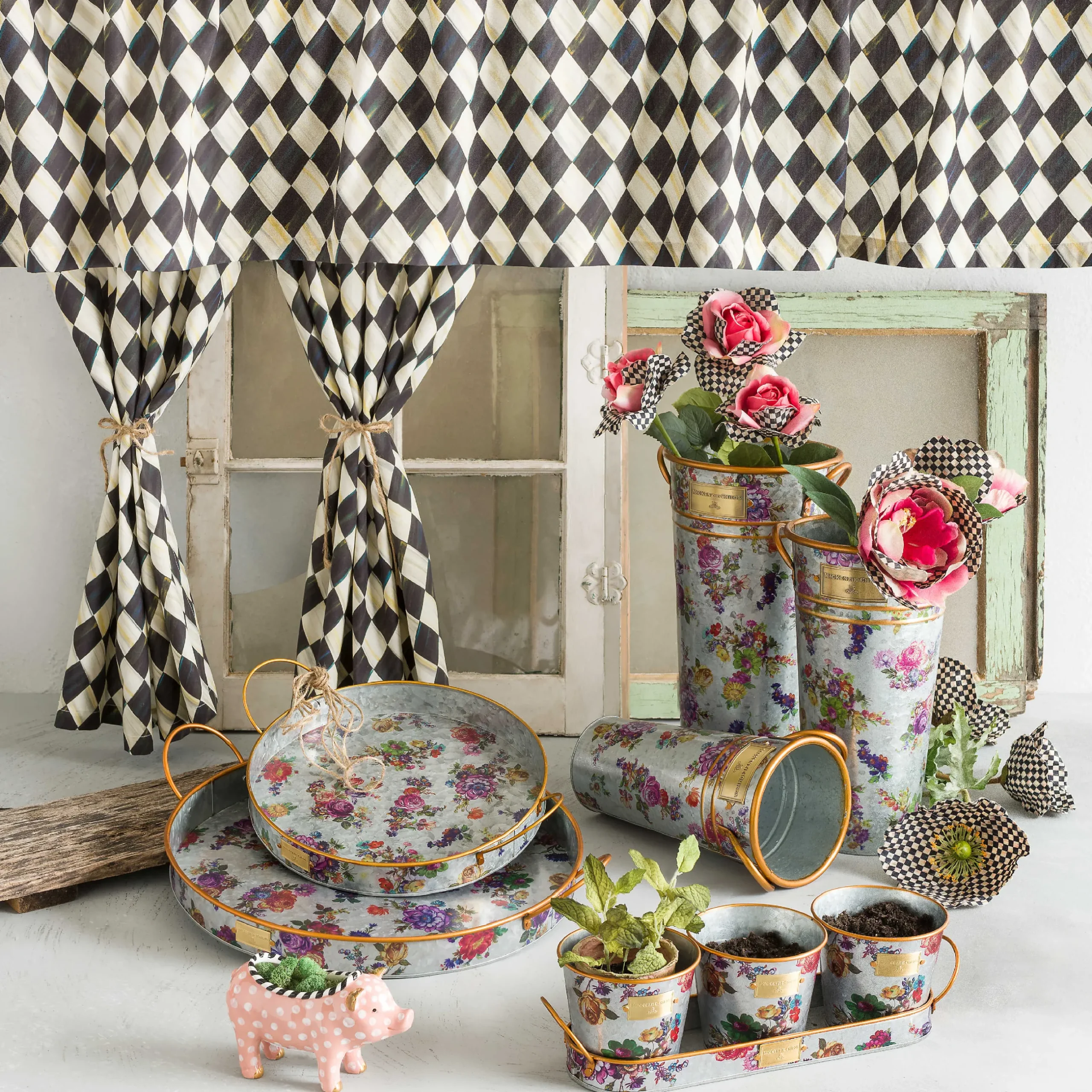 Spring|Outdoor|MacKenzie-Childs Flower Market Galvanized Herb Pots with Tray, Set of 3