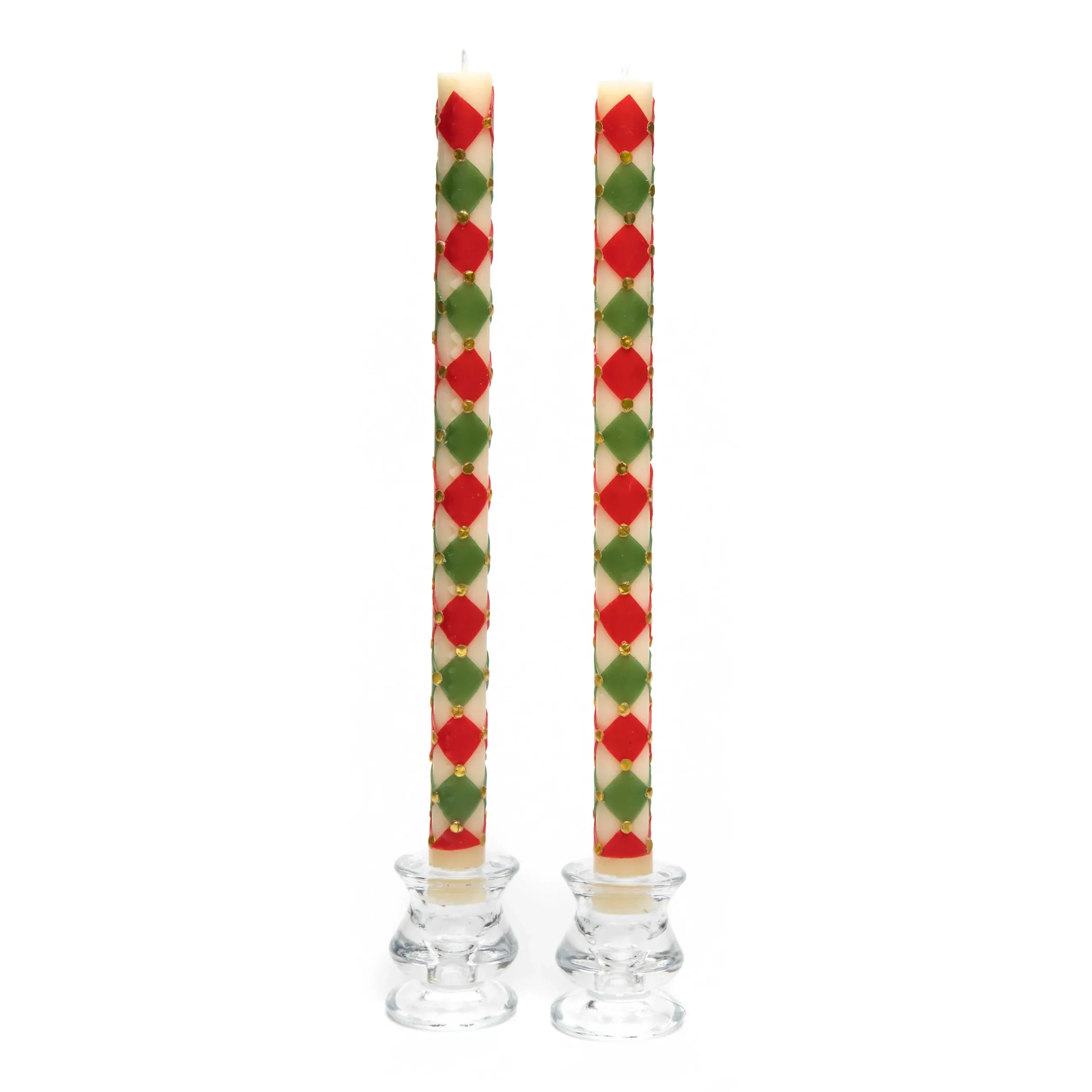 Holiday|Candles & Fragrances|MacKenzie-Childs Harlequin Dot Dinner Candles - Red, Green, Gold - Set of 2