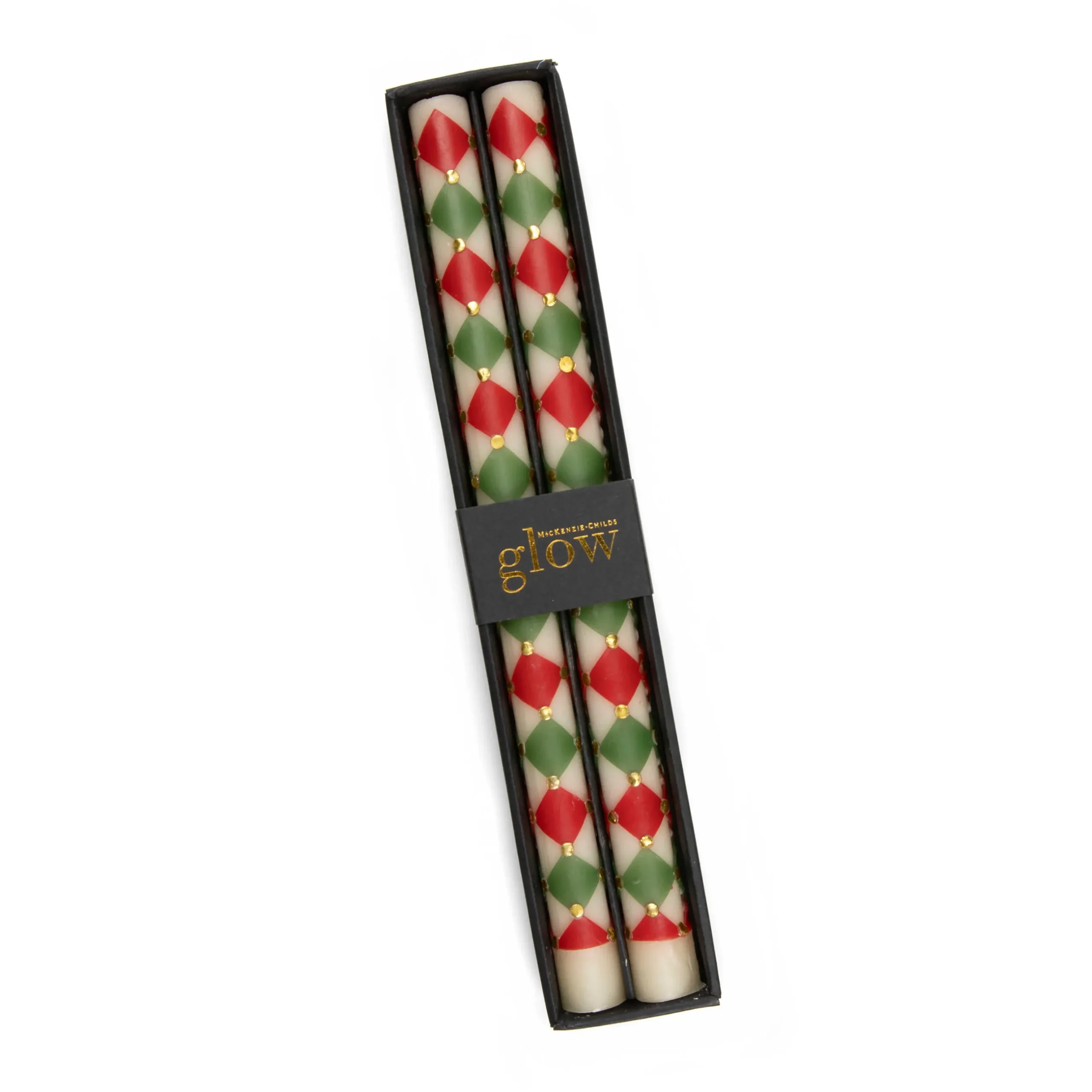 Holiday|Candles & Fragrances|MacKenzie-Childs Harlequin Dot Dinner Candles - Red, Green, Gold - Set of 2