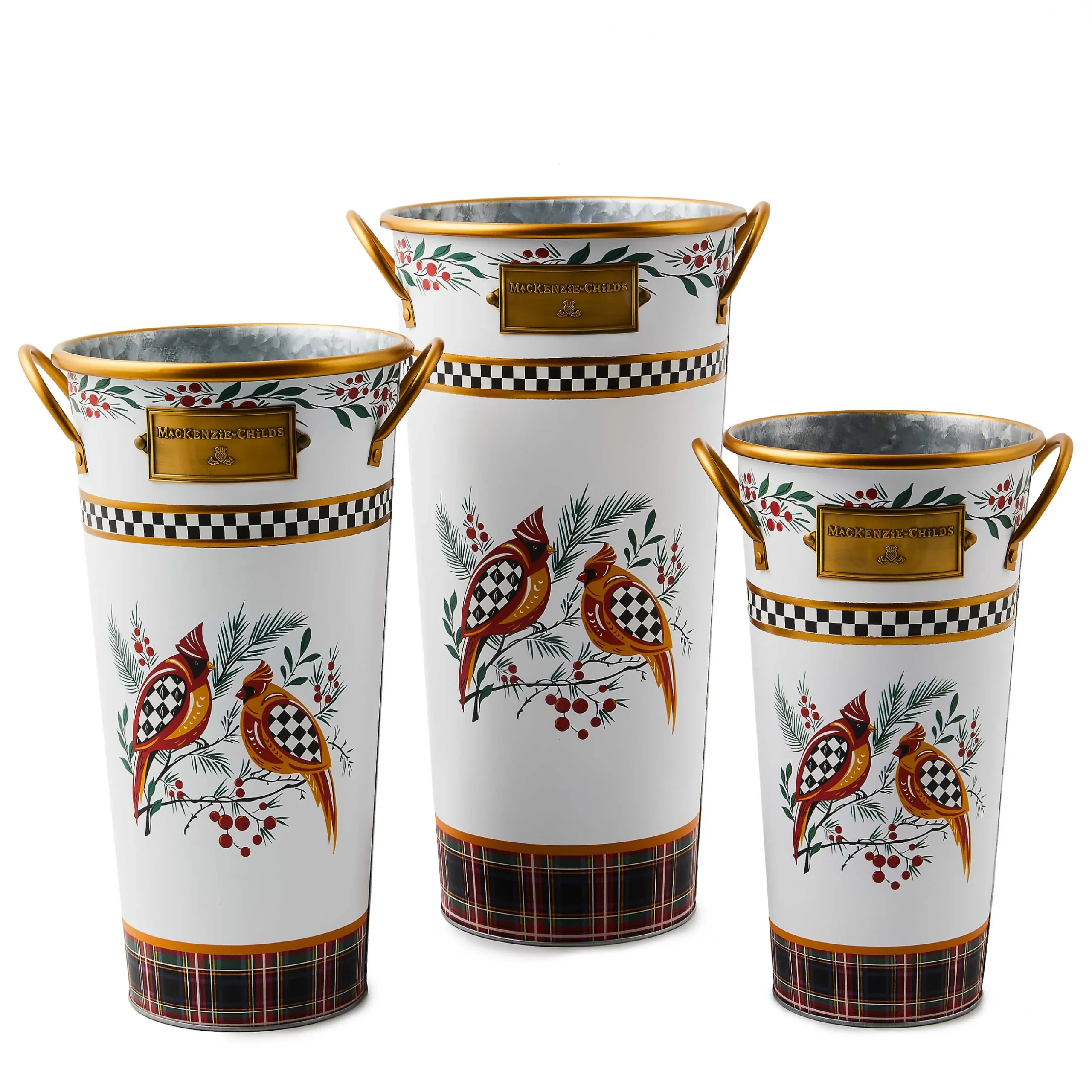 Holiday|Decor Sets|MacKenzie-Childs Holiday Cardinal Metal Flower Buckets, Set of 3
