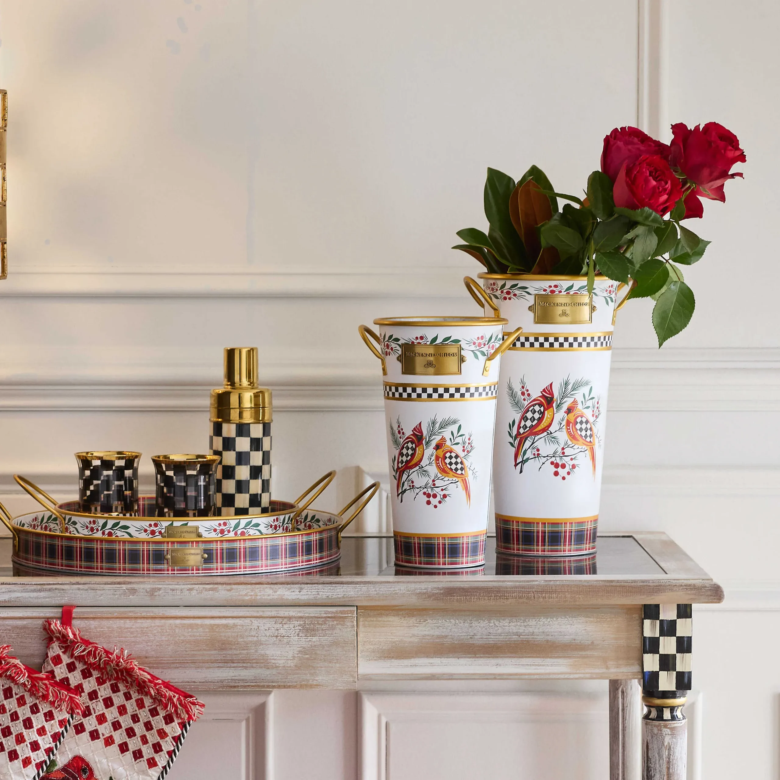 Holiday|Decor Sets|MacKenzie-Childs Holiday Cardinal Metal Flower Buckets, Set of 3