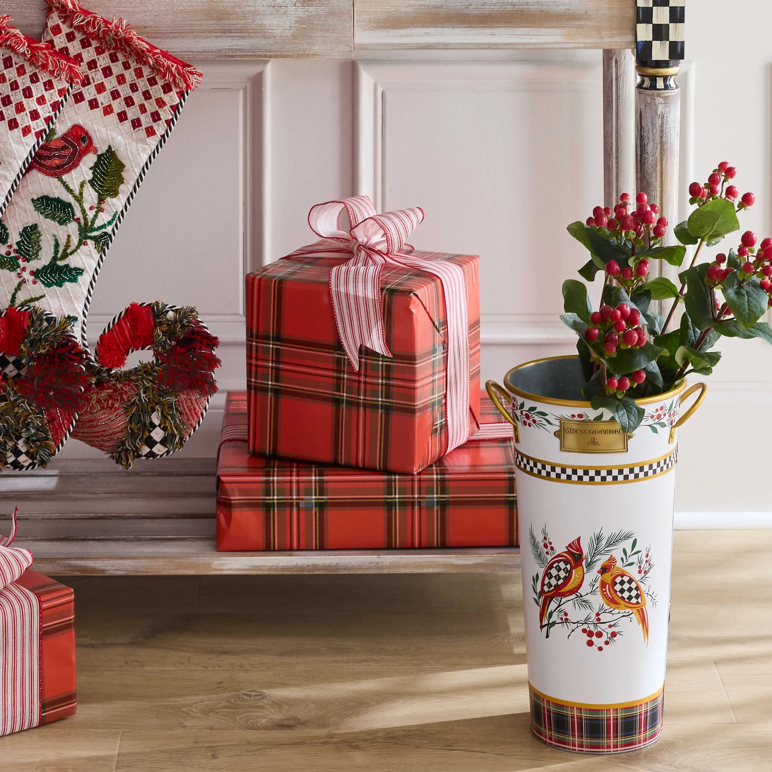 Holiday|Decor Sets|MacKenzie-Childs Holiday Cardinal Metal Flower Buckets, Set of 3