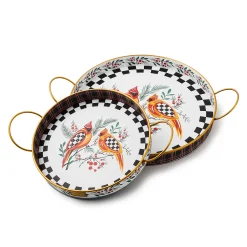 Holiday|Serveware|MacKenzie-Childs Holiday Cardinal Round Metal Serving Trays, Set of 2