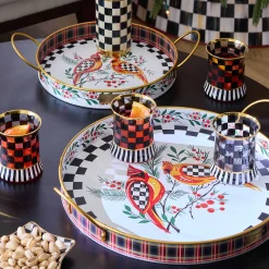 Holiday|Serveware|MacKenzie-Childs Holiday Cardinal Round Metal Serving Trays, Set of 2