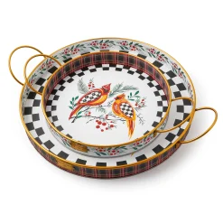 Holiday|Serveware|MacKenzie-Childs Holiday Cardinal Round Metal Serving Trays, Set of 2