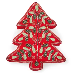 Pillows, Throws, & Cushions|MacKenzie-Childs Holiday Red Tree Shaped Embroidered Throw Pillow
