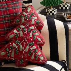 Pillows, Throws, & Cushions|MacKenzie-Childs Holiday Red Tree Shaped Embroidered Throw Pillow