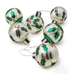 Holiday|MacKenzie-Childs Holly Leaf Glass Ball Ornaments, Set of 6