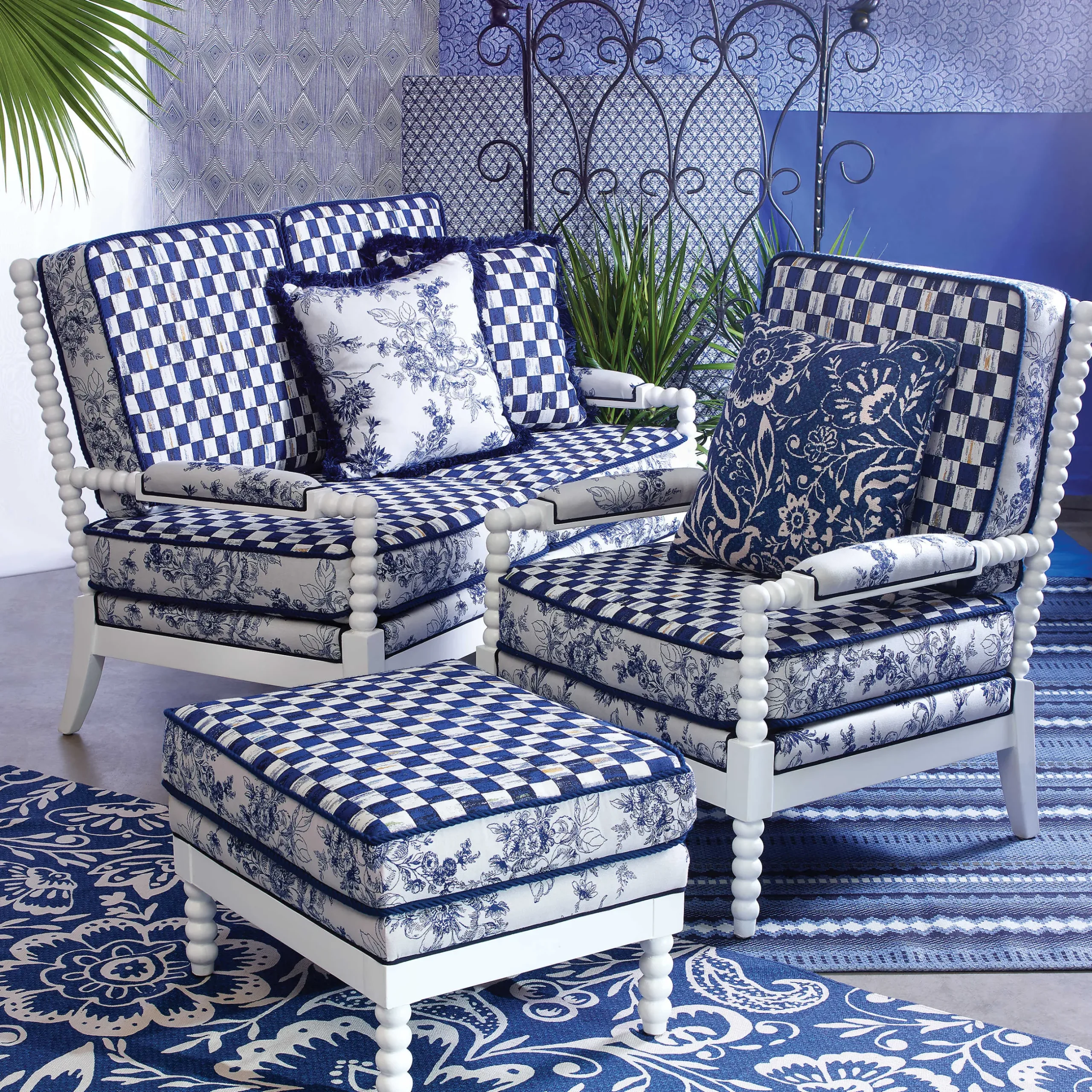 Outdoor|Spring|MacKenzie-Childs Indigo Villa Outdoor Ottoman