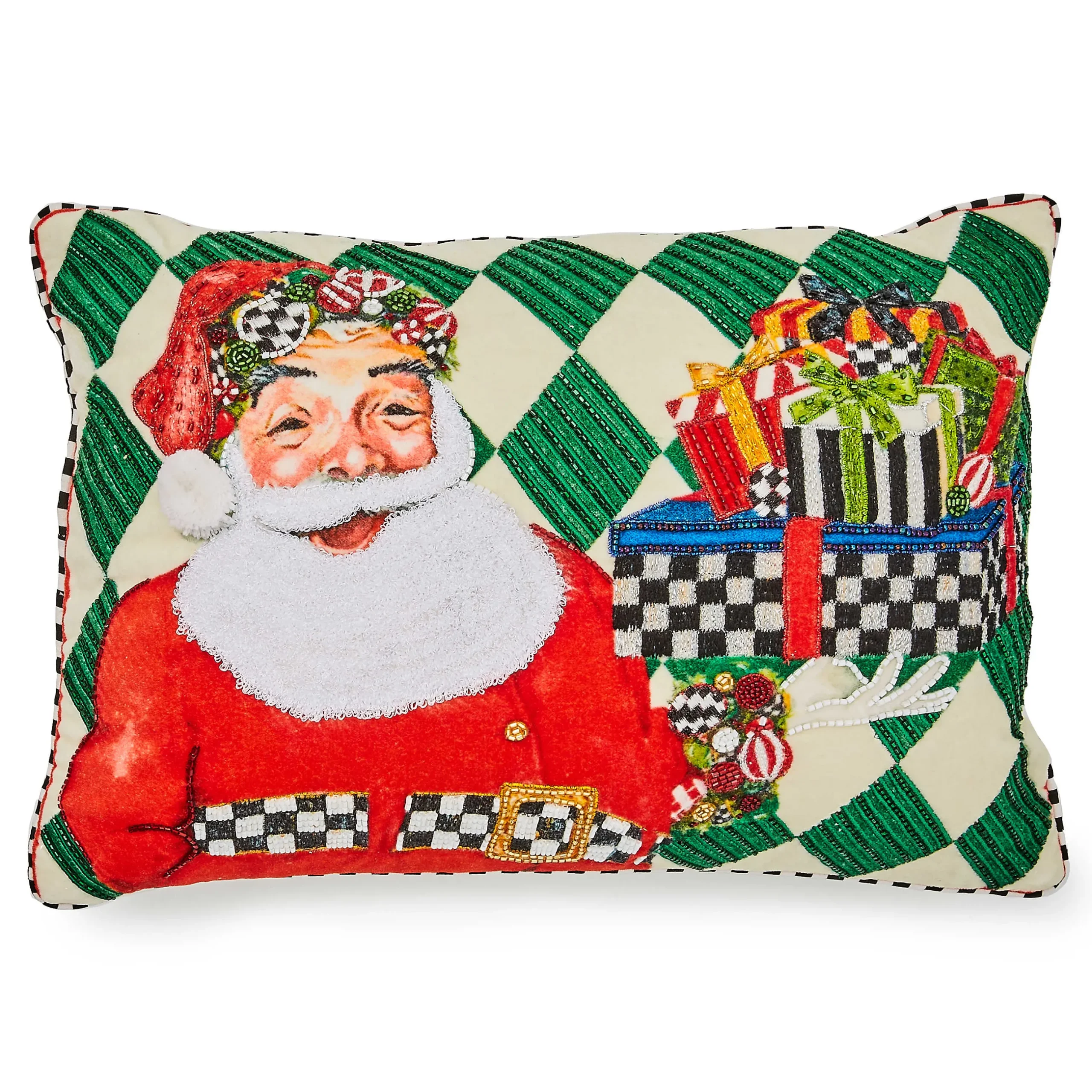 Pillows, Throws, & Cushions|MacKenzie-Childs Jolly Holiday Santa with Packages Beaded Lumbar Pillow