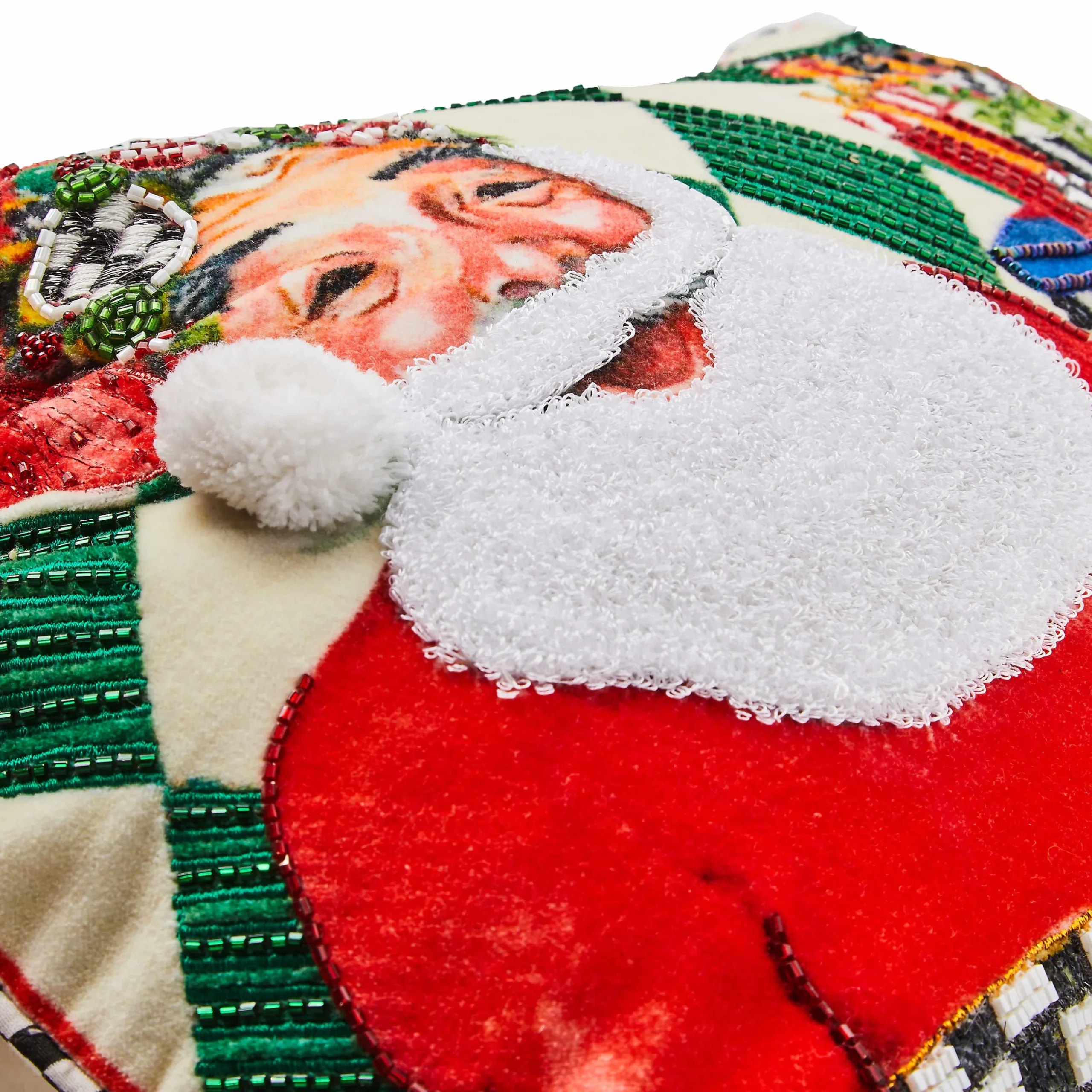 Pillows, Throws, & Cushions|MacKenzie-Childs Jolly Holiday Santa with Packages Beaded Lumbar Pillow