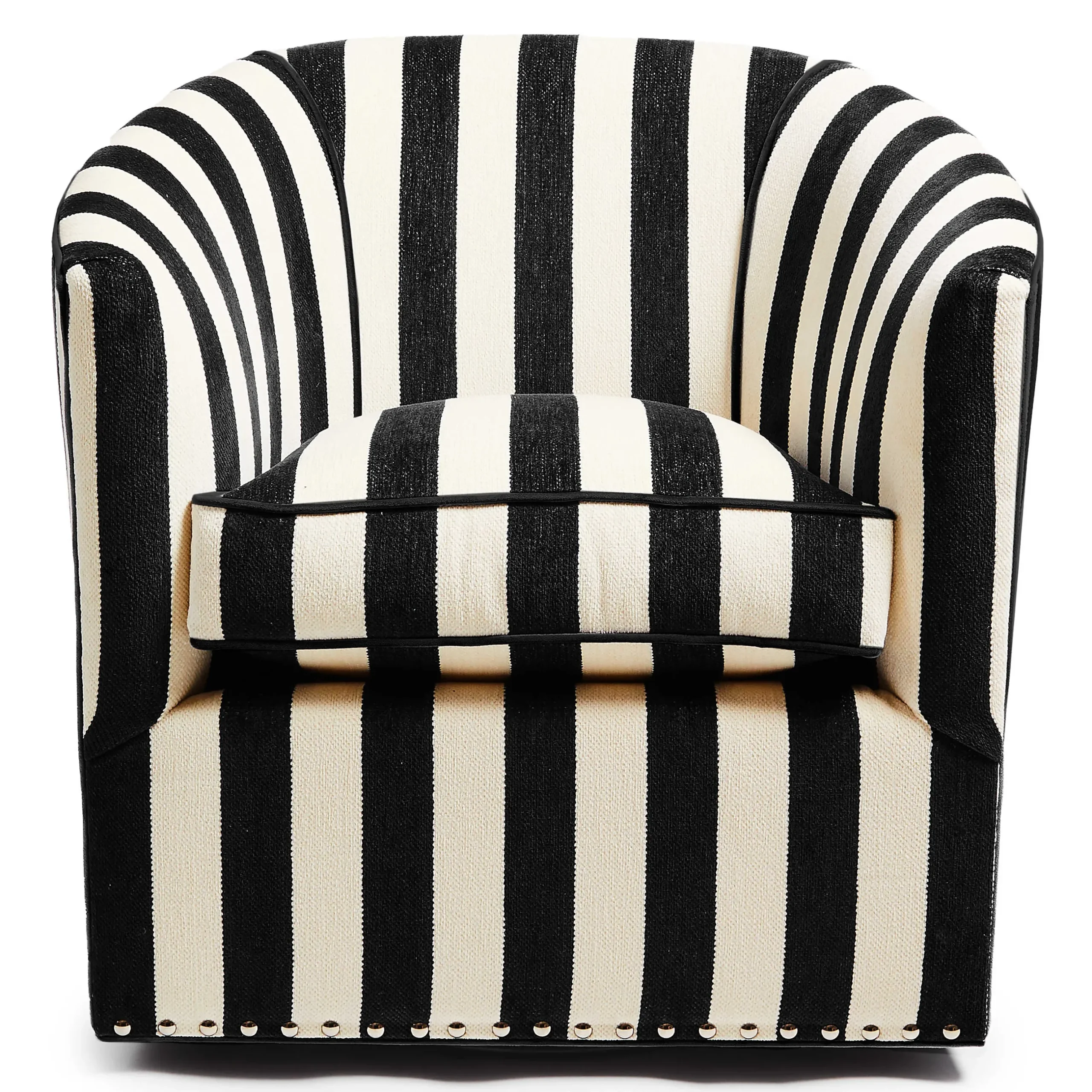 Living Room|MacKenzie-Childs Marquee Black Stripe Chenille Swivel Chair