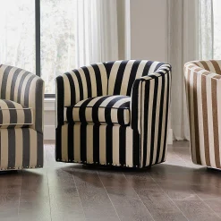 Living Room|MacKenzie-Childs Marquee Black Stripe Chenille Swivel Chair