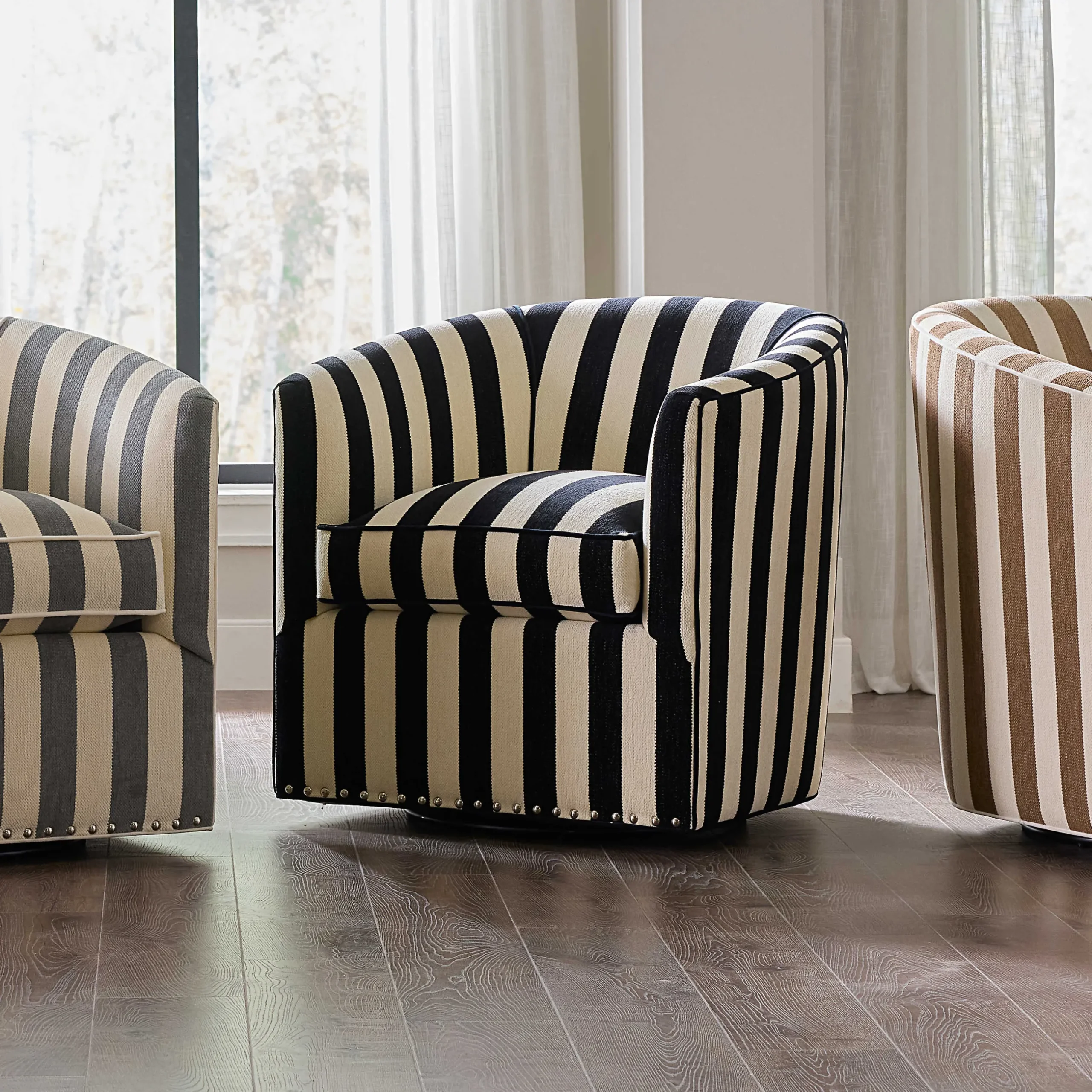 Living Room|MacKenzie-Childs Marquee Black Stripe Chenille Swivel Chair