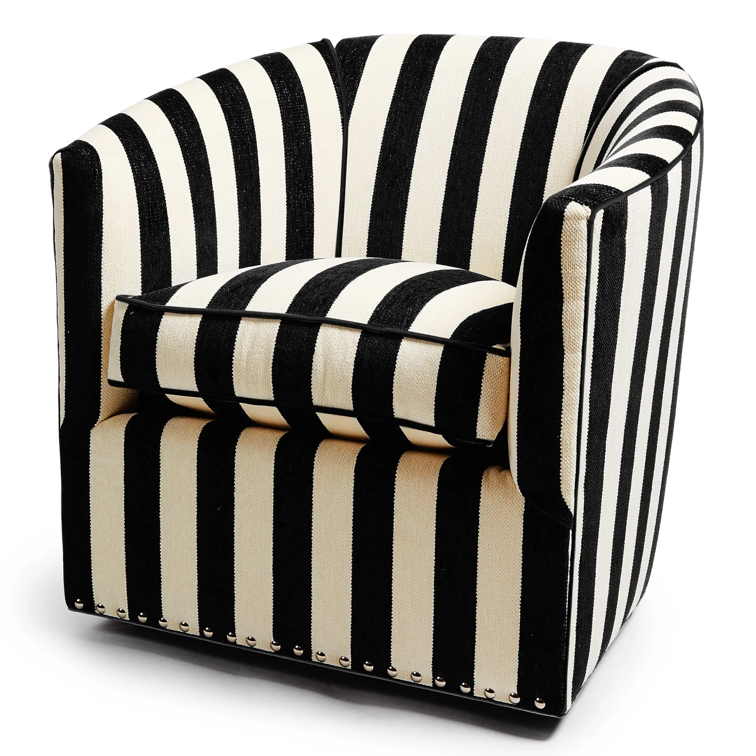 Living Room|MacKenzie-Childs Marquee Black Stripe Chenille Swivel Chair