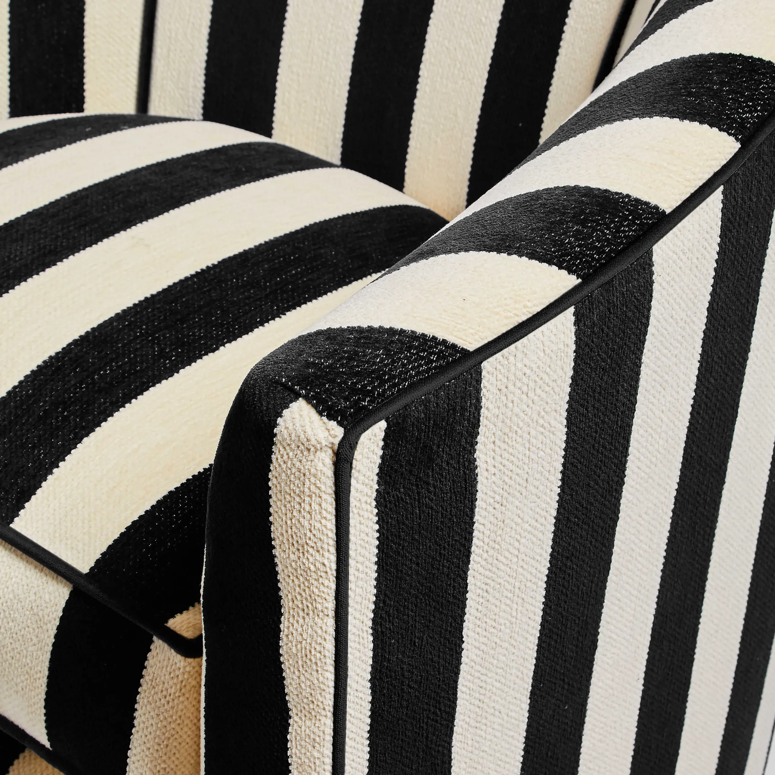 Living Room|MacKenzie-Childs Marquee Black Stripe Chenille Swivel Chair