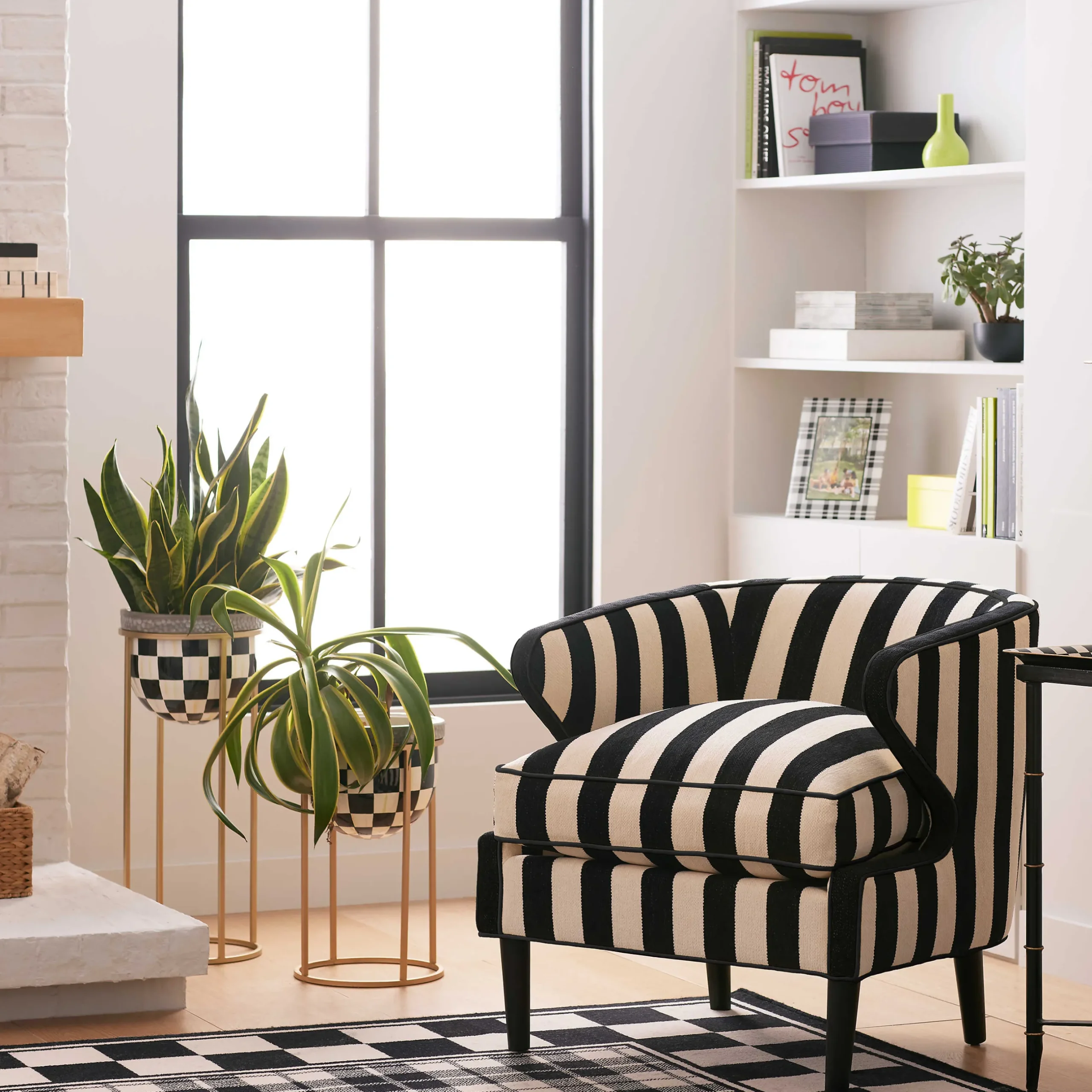Living Room|MacKenzie-Childs Marquee Black Stripe Chenille Accent Chair