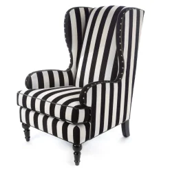 Living Room|MacKenzie-Childs Marquee Black Stripe Chenille Wing Chair