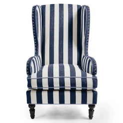 Living Room|MacKenzie-Childs Marquee Navy Stripe Chenille Wing Chair