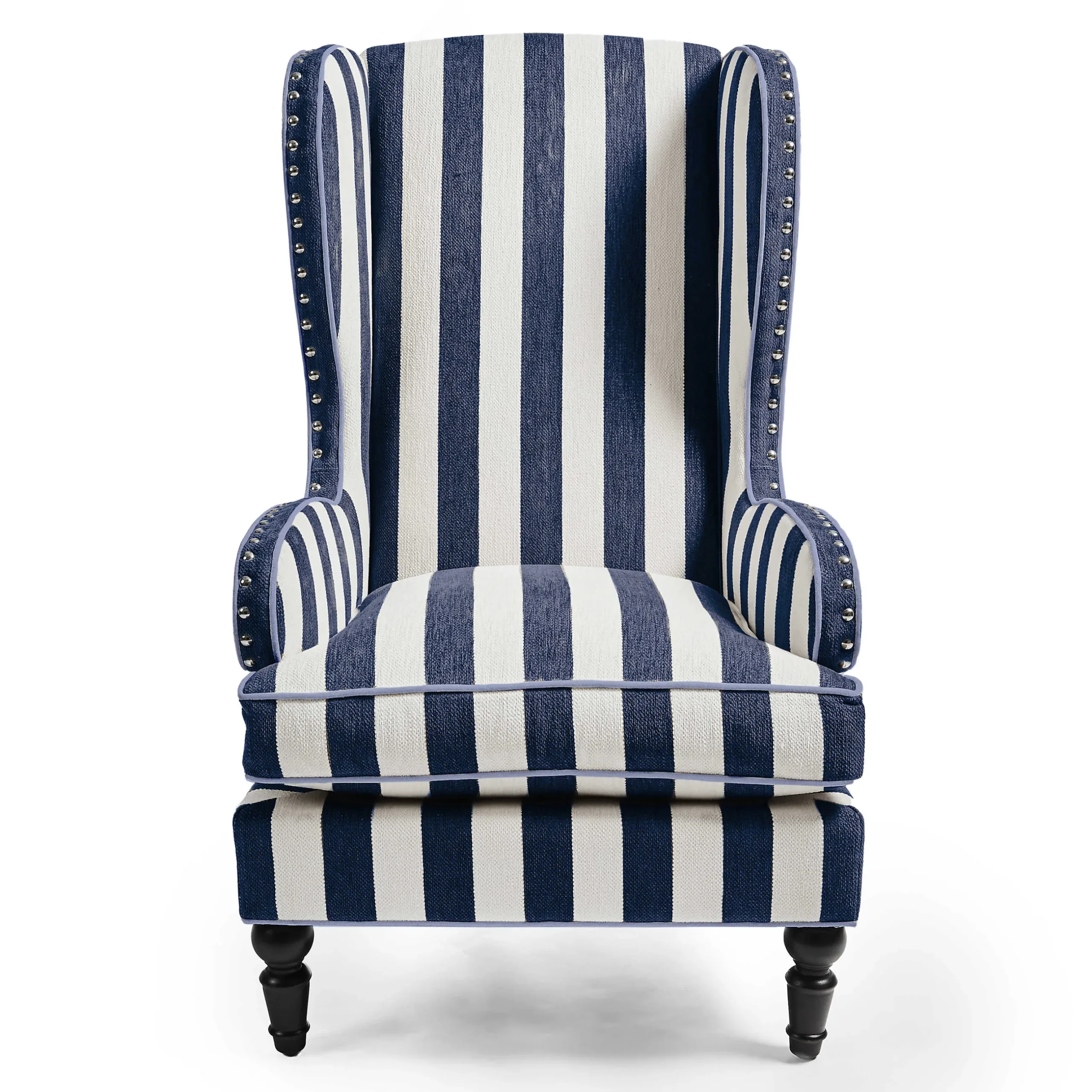 Living Room|MacKenzie-Childs Marquee Navy Stripe Chenille Wing Chair
