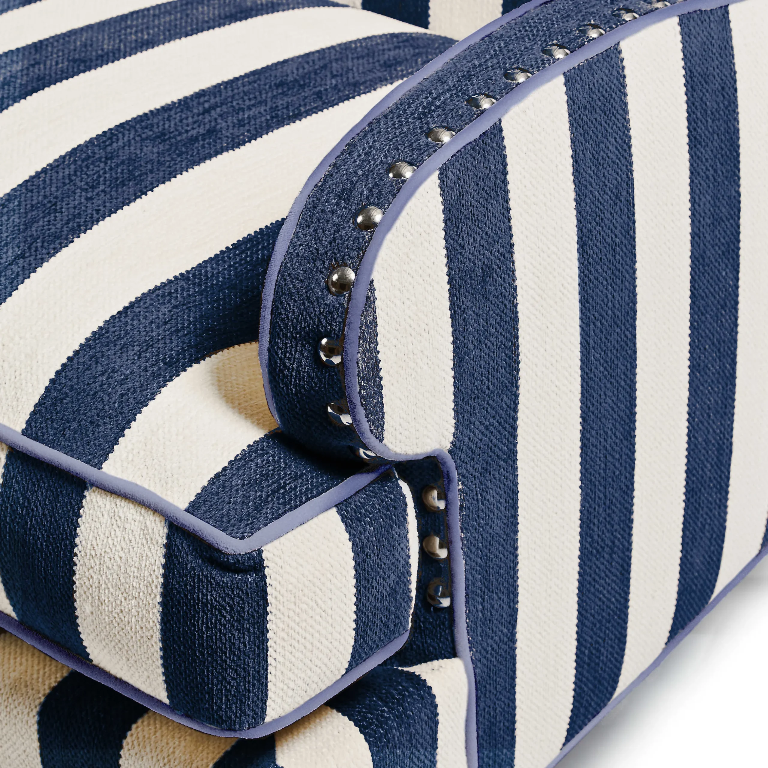 Living Room|MacKenzie-Childs Marquee Navy Stripe Chenille Wing Chair