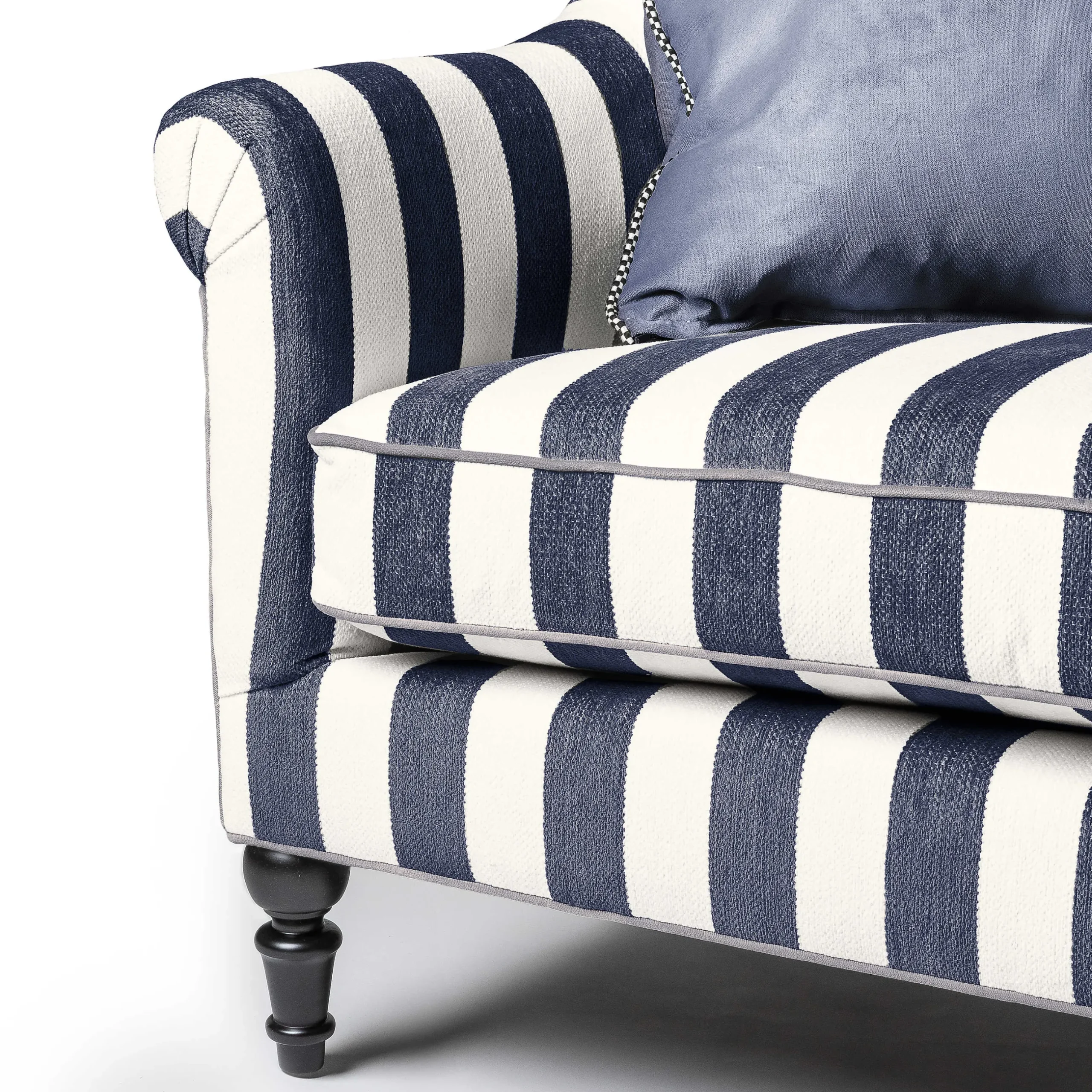 Living Room|MacKenzie-Childs Marquee Navy Stripe Chenille Sofa