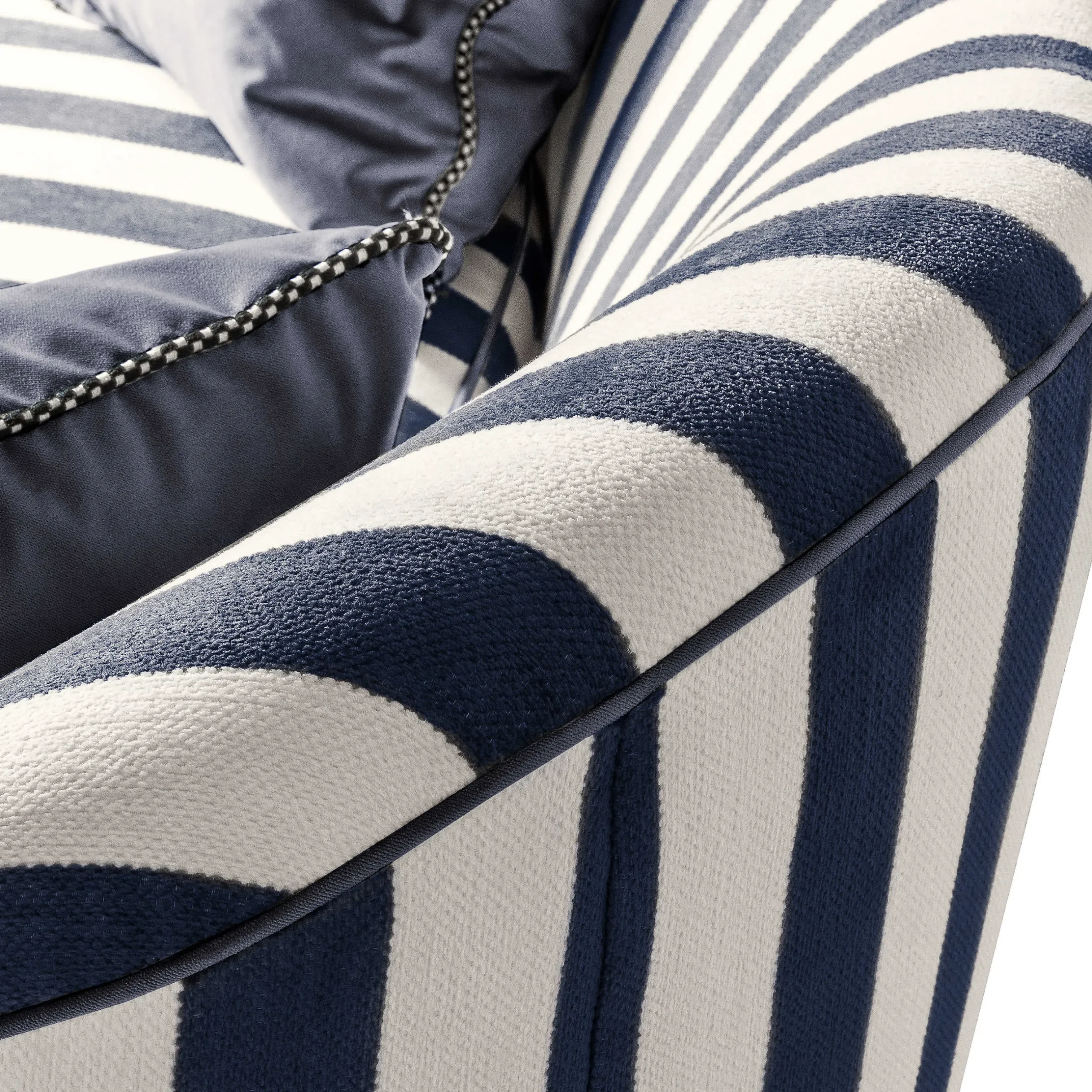 Living Room|MacKenzie-Childs Marquee Navy Stripe Chenille Sofa