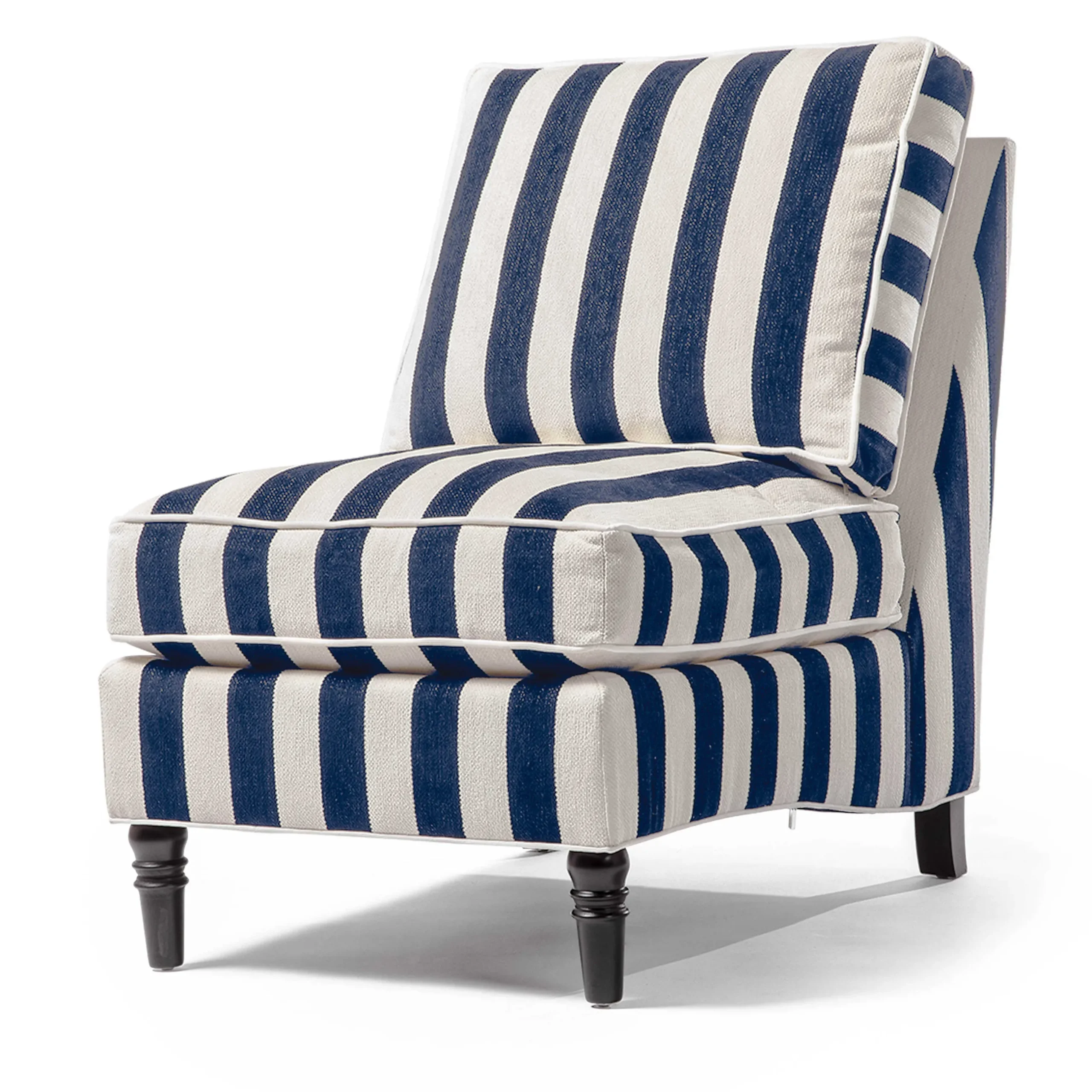 Living Room|MacKenzie-Childs Marquee Navy Stripe Chenille Armless Chair