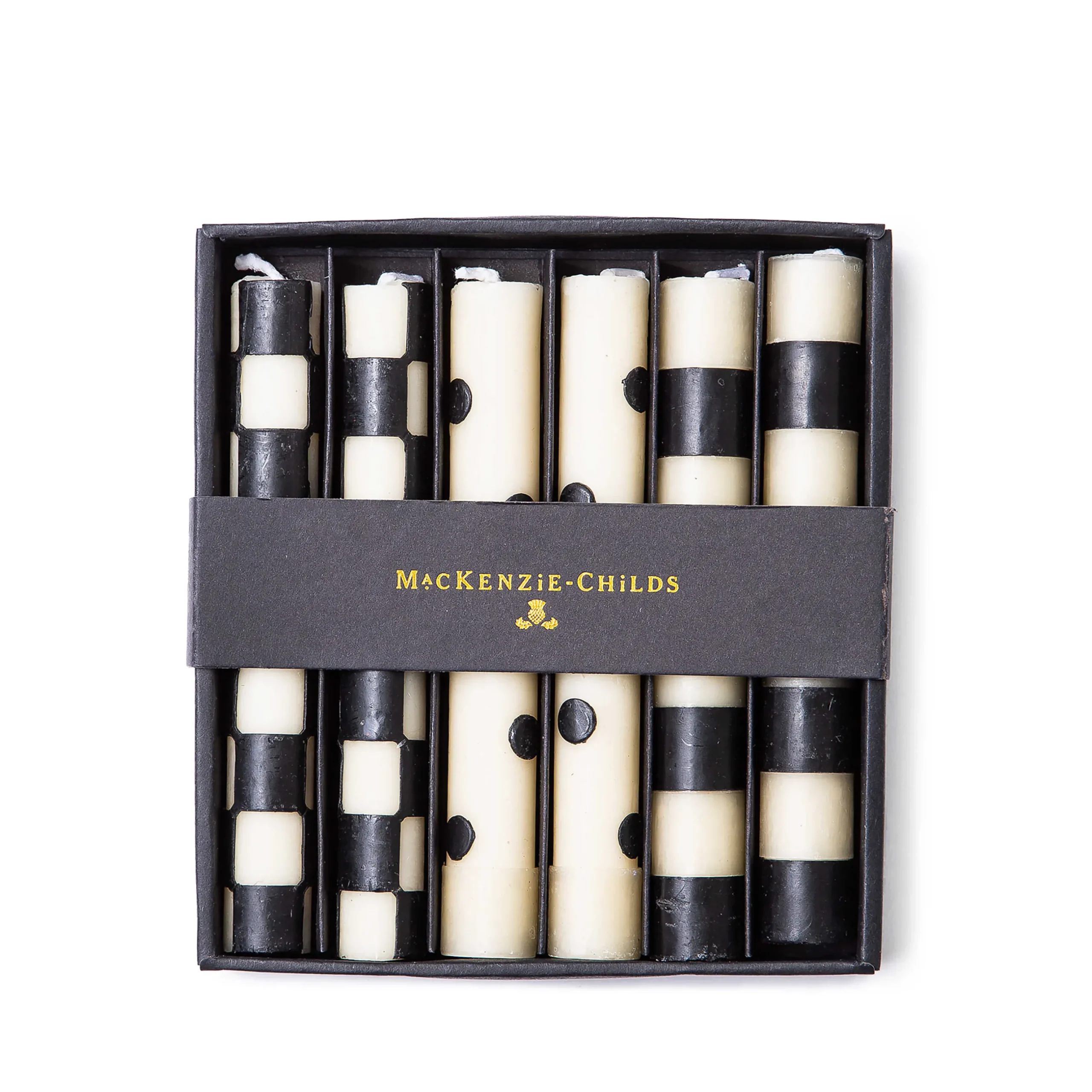 Candles & Fragrances|Table Accessories|MacKenzie-Childs Mini Black Ivory Dinner Candles, Set of 6