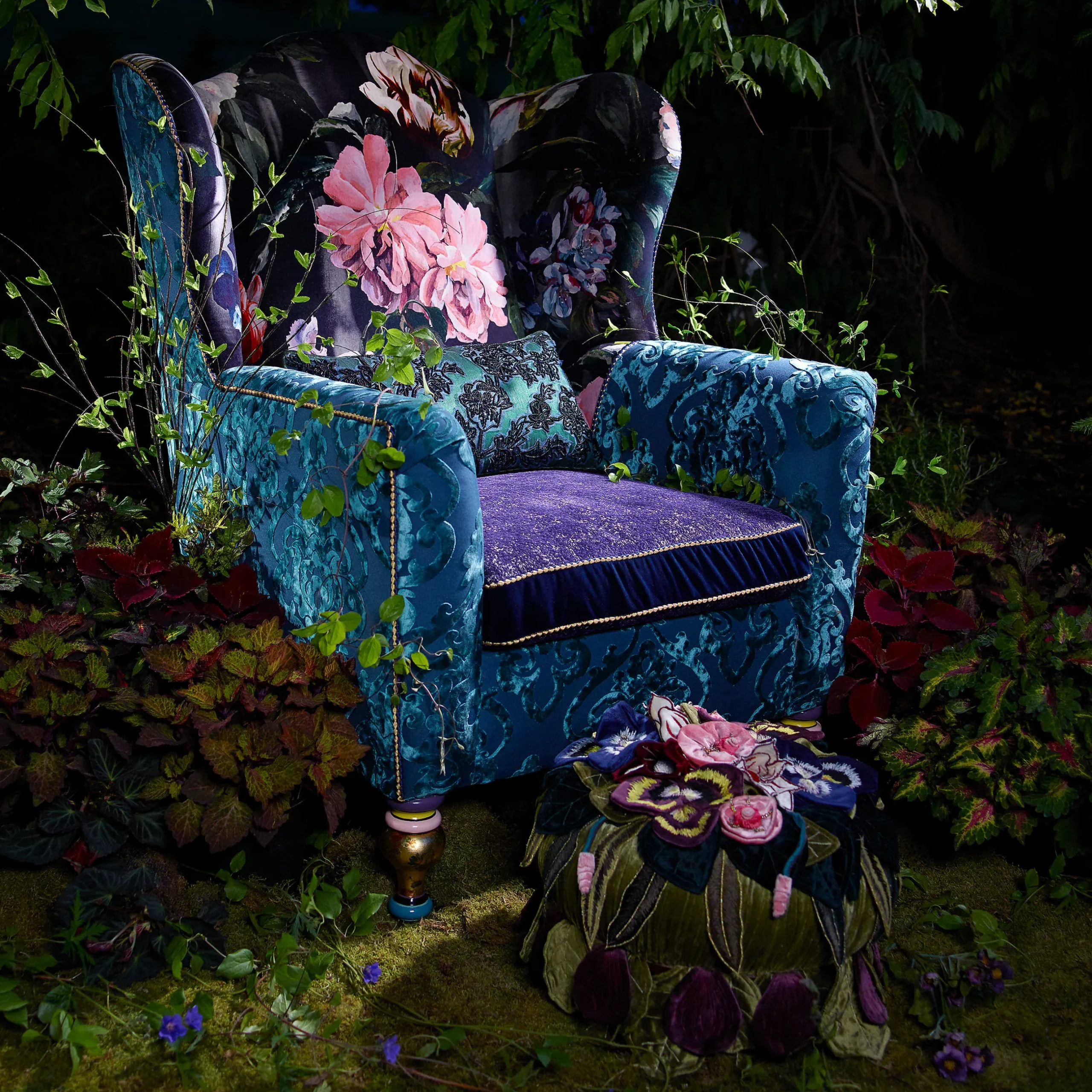Living Room|MacKenzie-Childs Moonlight Garden Footstool