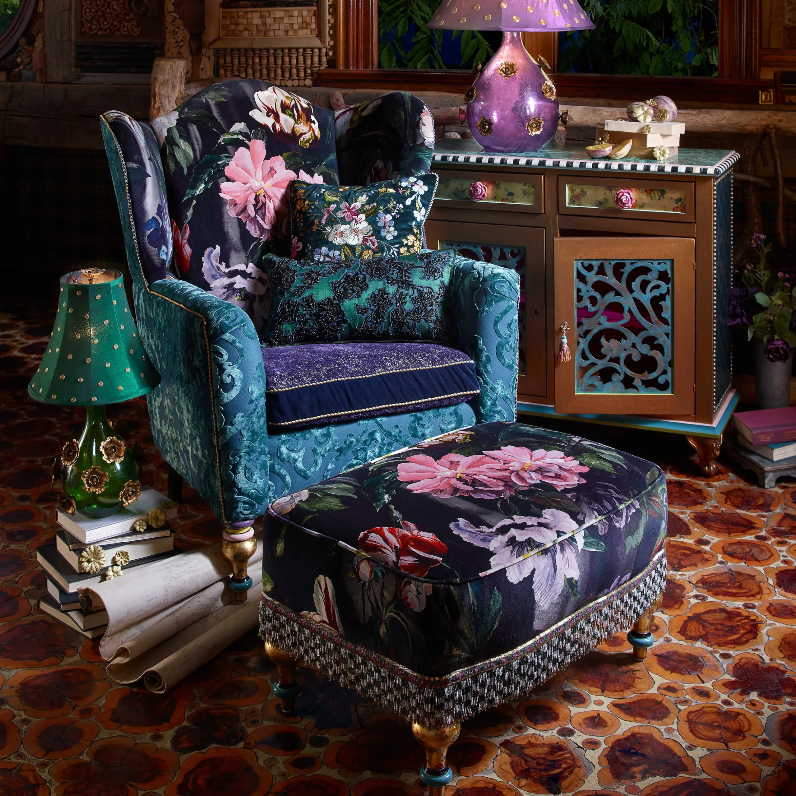 Living Room|MacKenzie-Childs Moonlight Garden Rumor Has It Ottoman