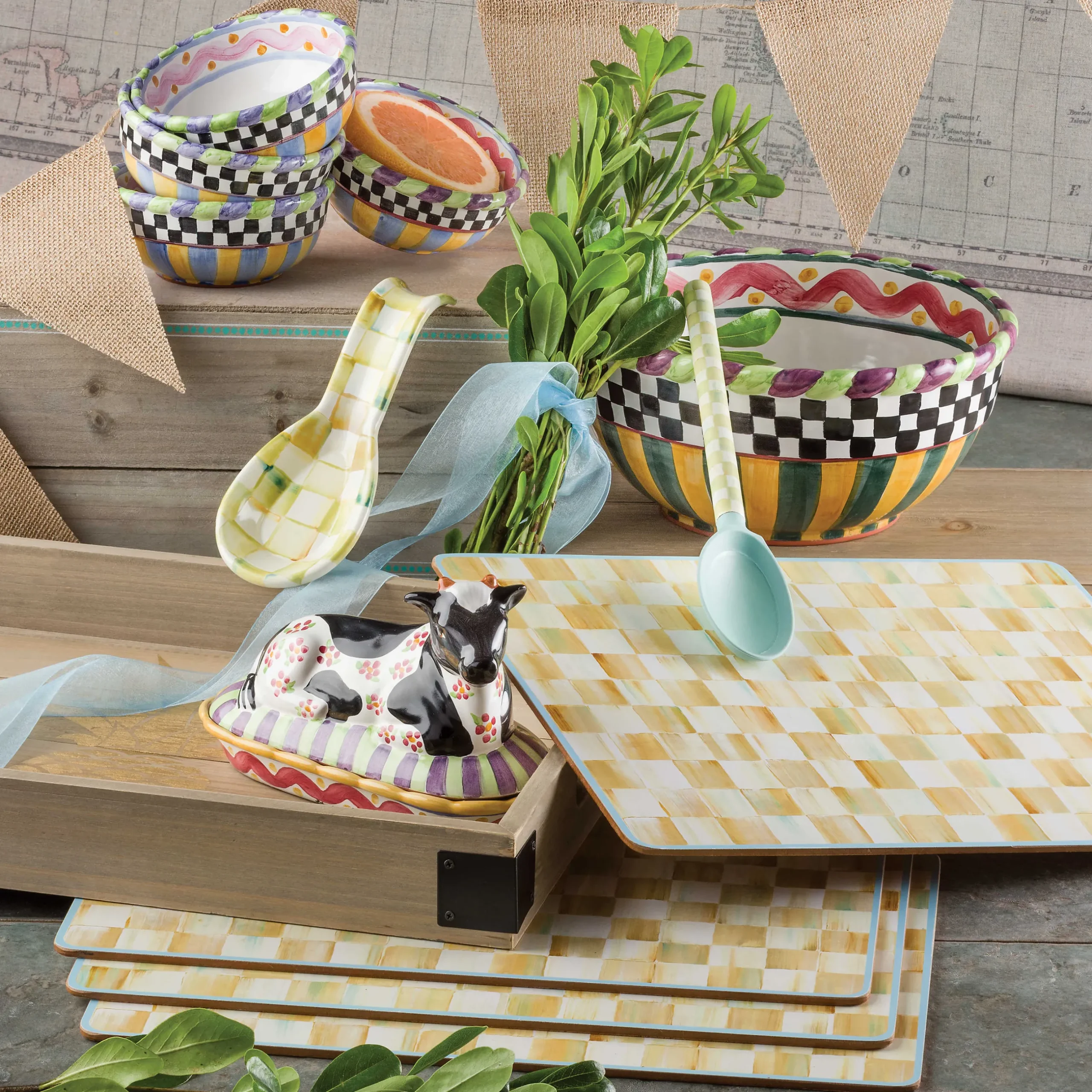 Table Accessories|Kitchen & Table Linens|MacKenzie-Childs Parchment Check Cork Back Placemats, Set of 4