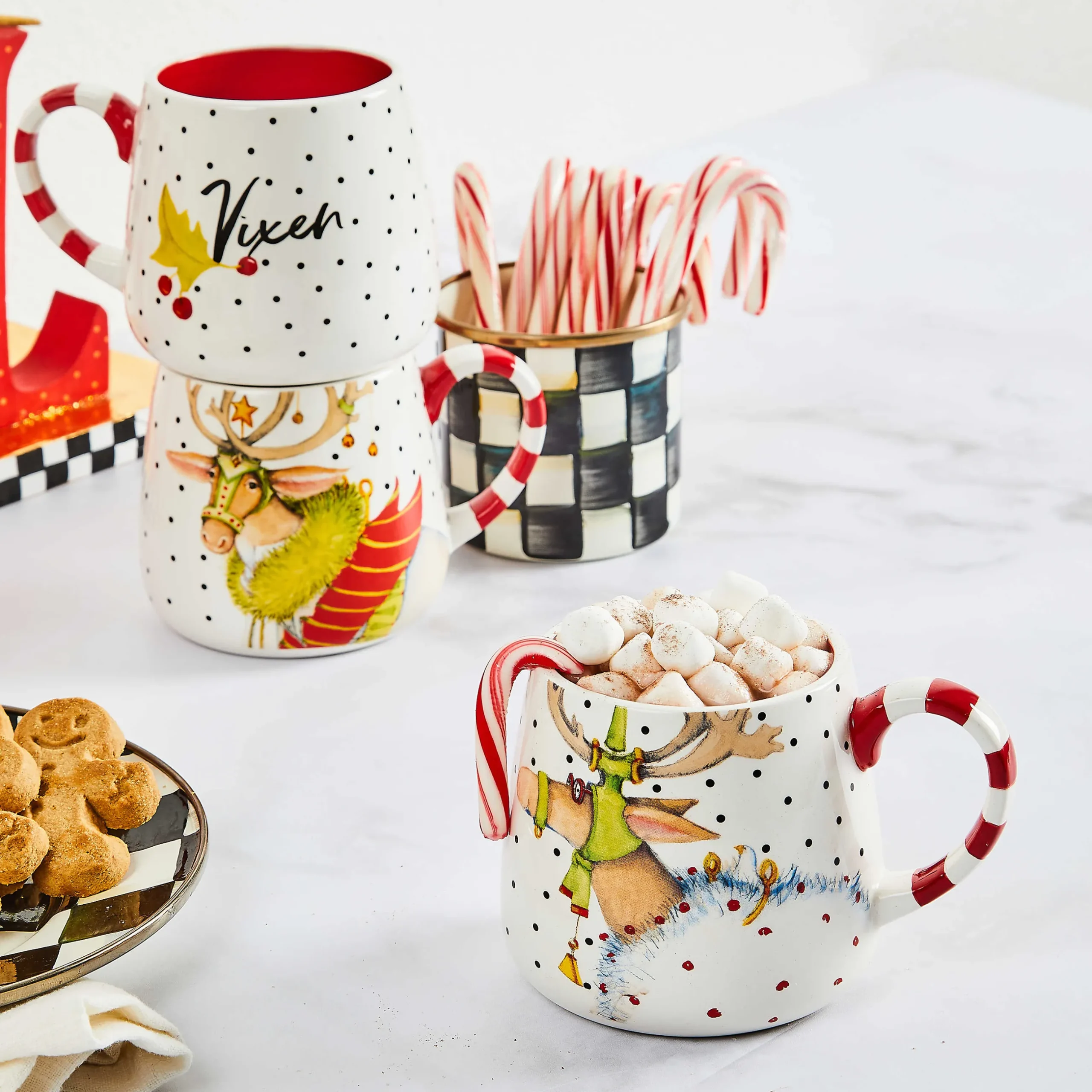 Holiday|Drinkware|MacKenzie-Childs Patience Brewster Dash Away Reindeer Mugs, Set of 4