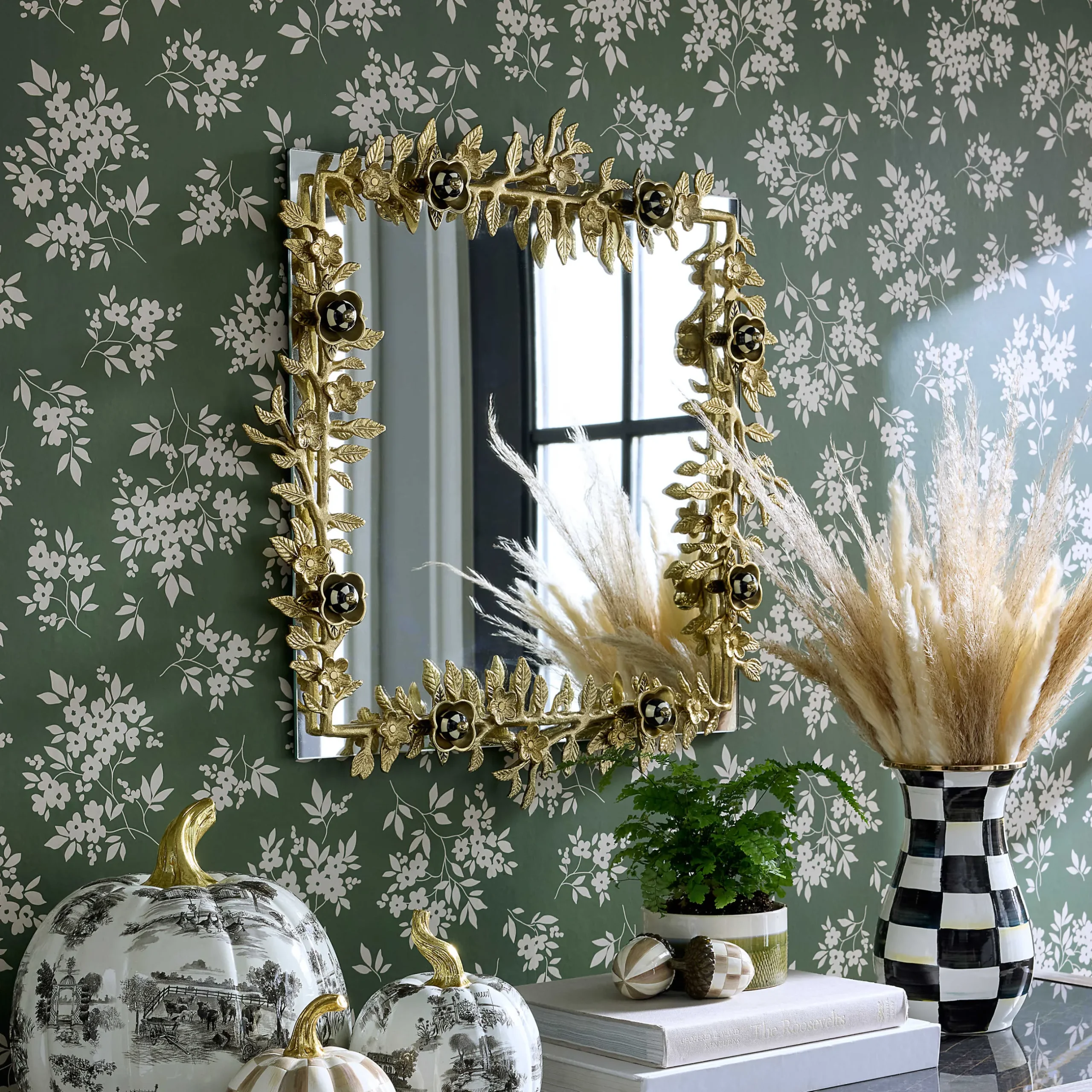 Room Accents|MacKenzie-Childs Petal Square Gold Wall Mirror