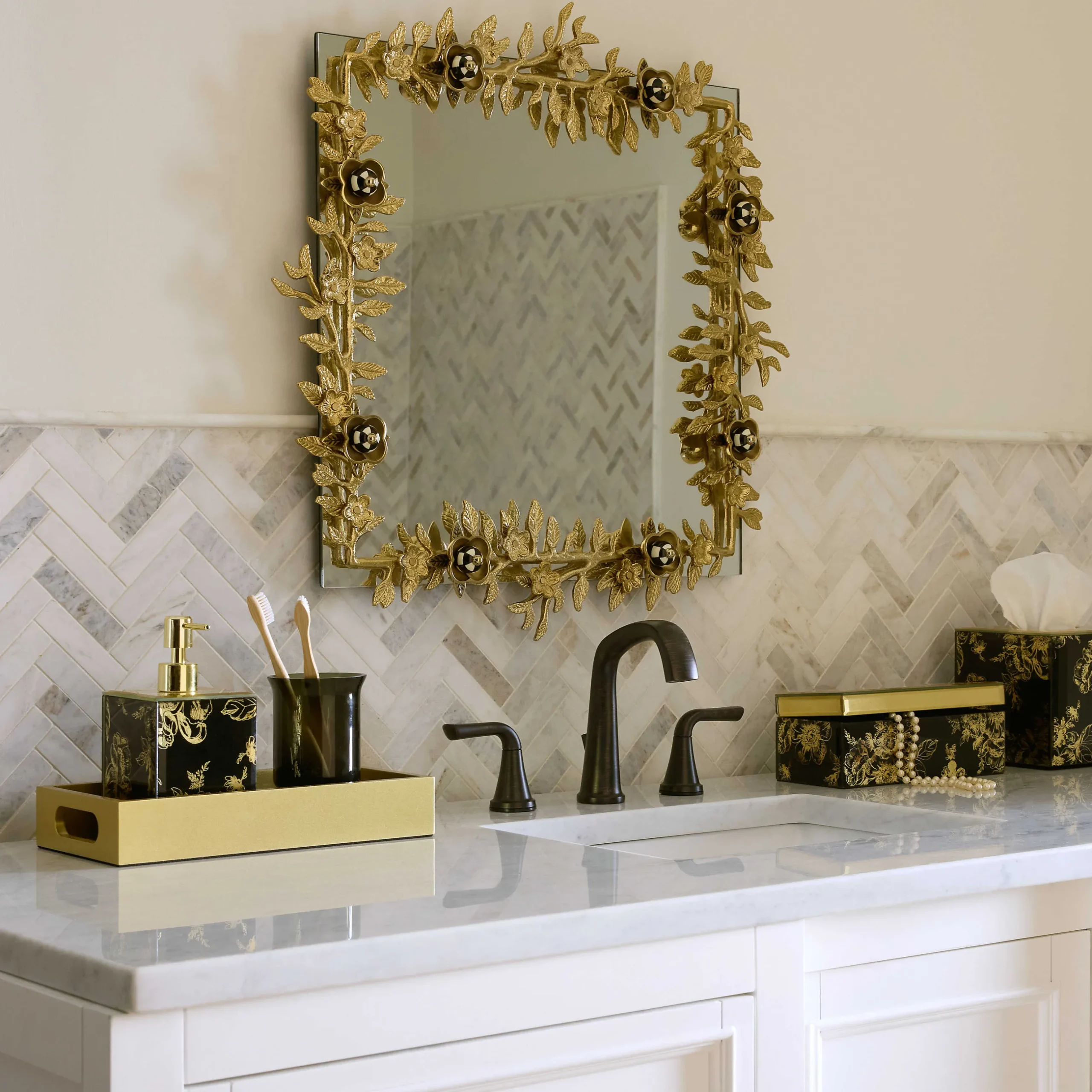Room Accents|MacKenzie-Childs Petal Square Gold Wall Mirror