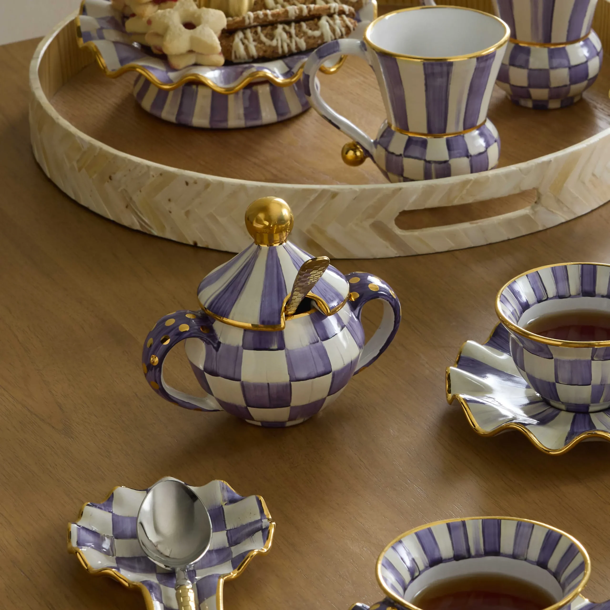 The Coffee Shop|Fall Entertaining|MacKenzie-Childs Plum Check Ceramic Sugar Bowl with Lid