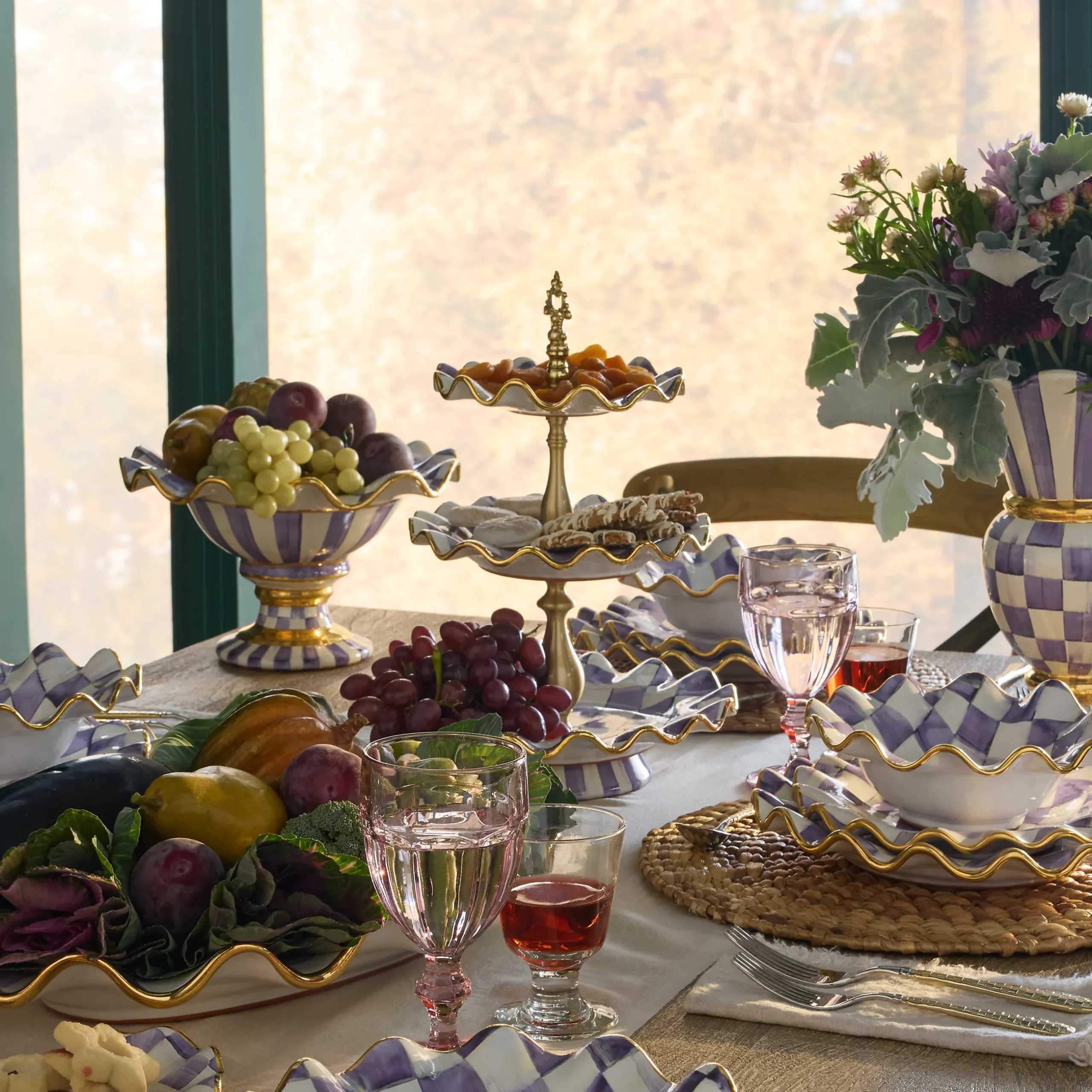 Fall Entertaining|Serveware|MacKenzie-Childs Plum Check Ceramic Three Tier Sweet Stand