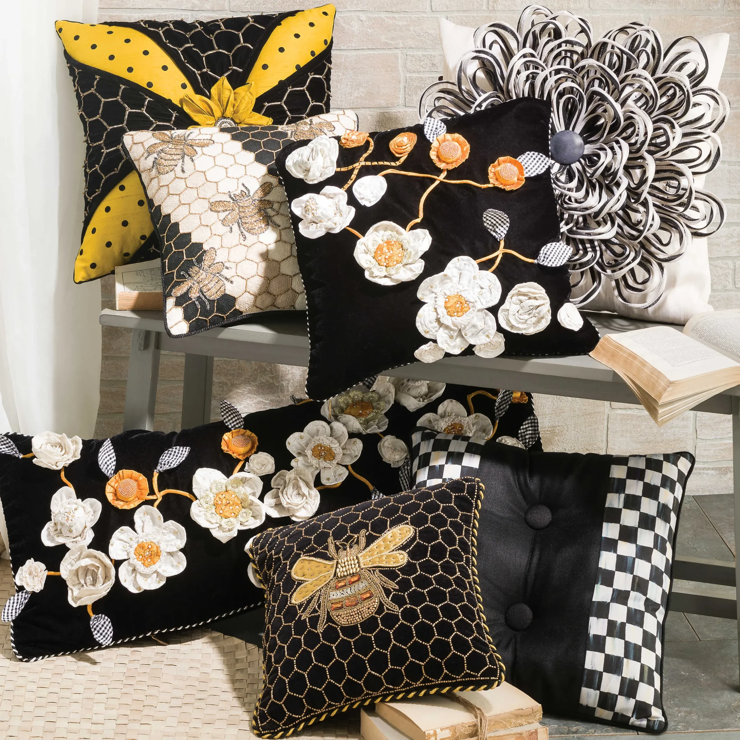 Pillows, Throws, & Cushions|MacKenzie-Childs Queen Bee Black Throw Pillow