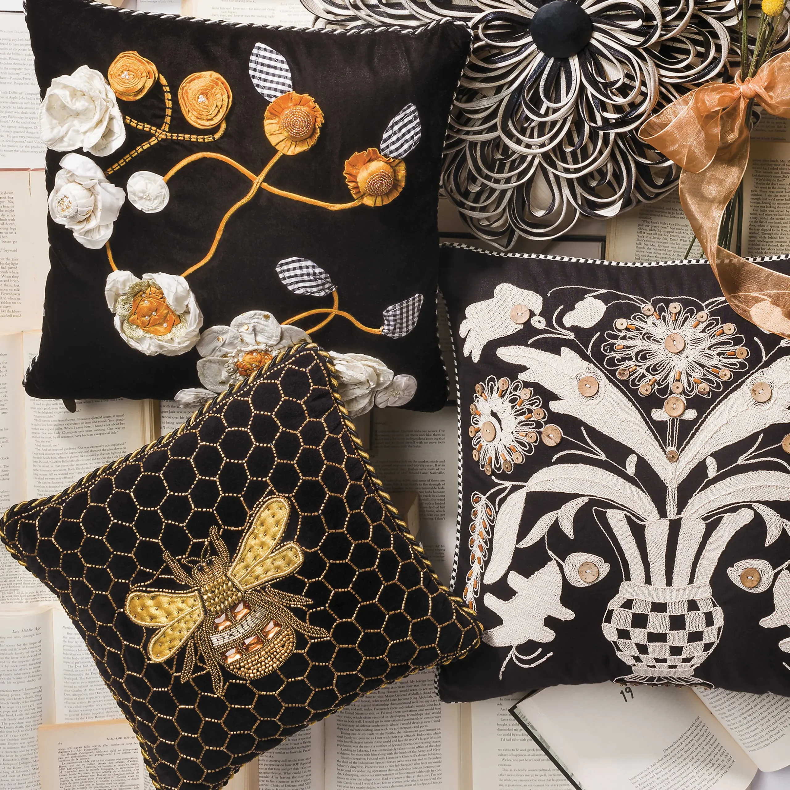 Pillows, Throws, & Cushions|MacKenzie-Childs Queen Bee Black Throw Pillow