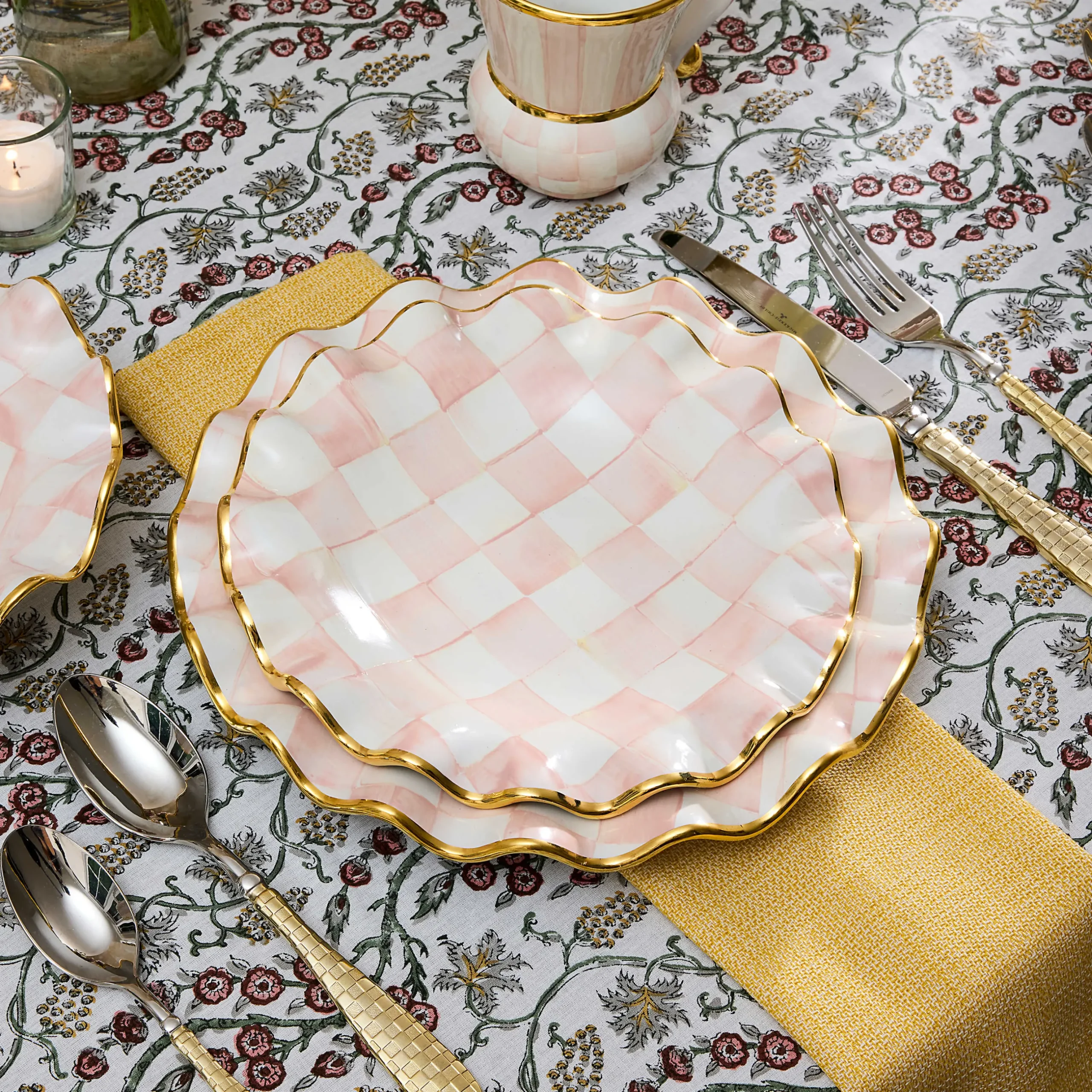 Fall Entertaining|Dinnerware & Flatware|MacKenzie-Childs Rosy Check Ceramic Fluted Dessert Plate