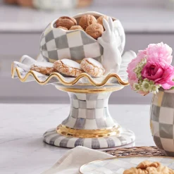 Serveware|MacKenzie-Childs Sterling Check Ceramic Fluted Cake Stand
