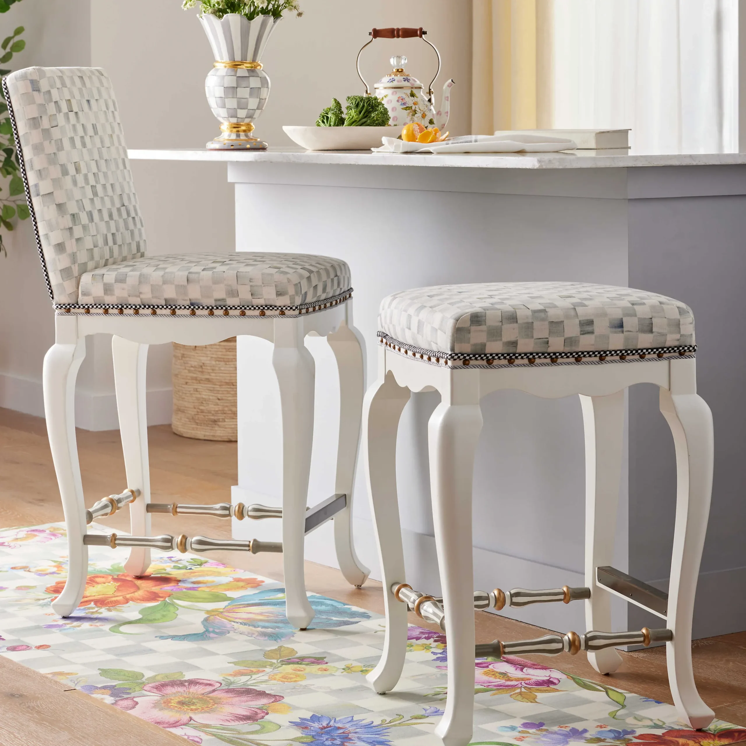 Dining Room & Kitchen|MacKenzie-Childs Sterling Check Counter Stool with Back