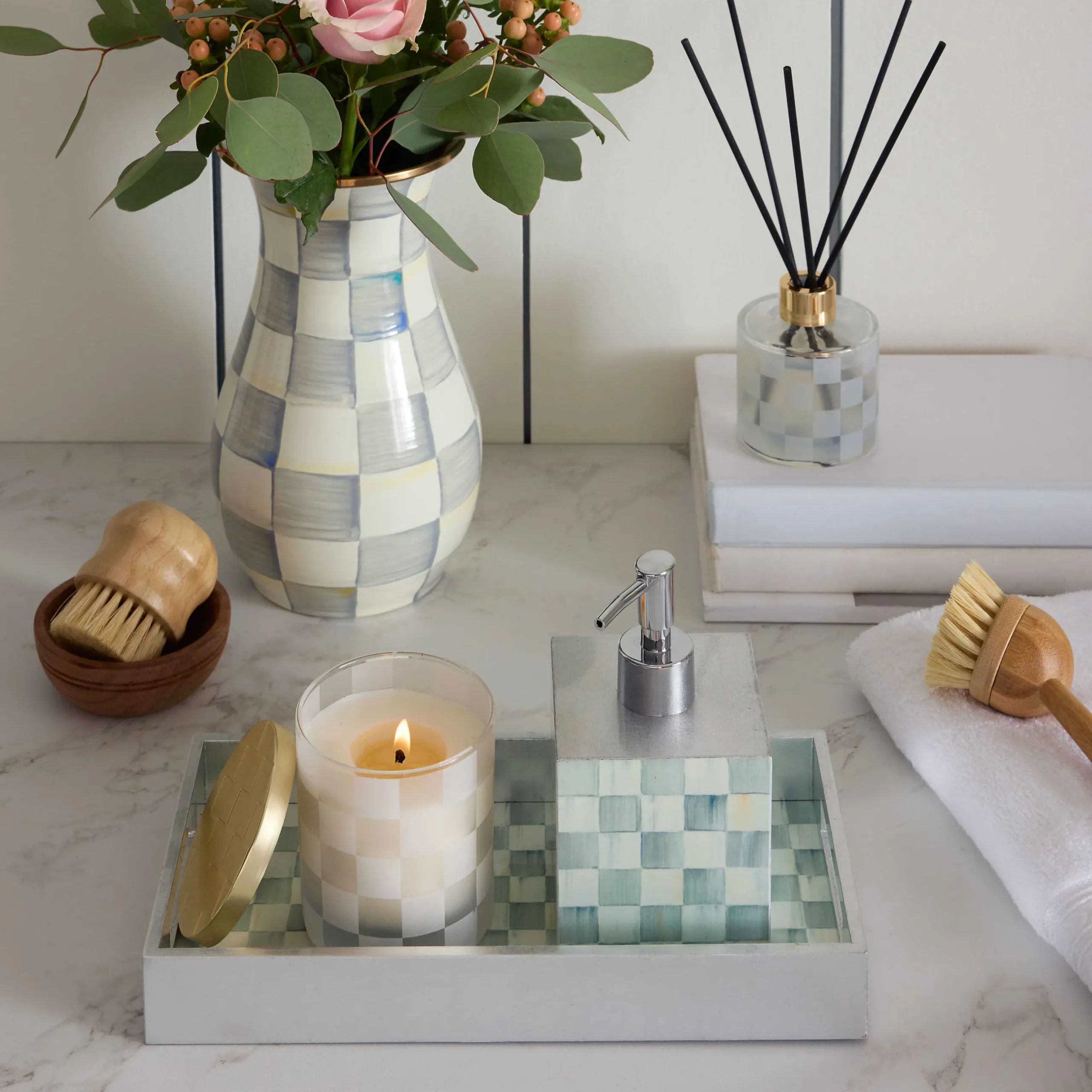 Bath & Bath Accessories|MacKenzie-Childs Sterling Check Lacquer Soap Pump