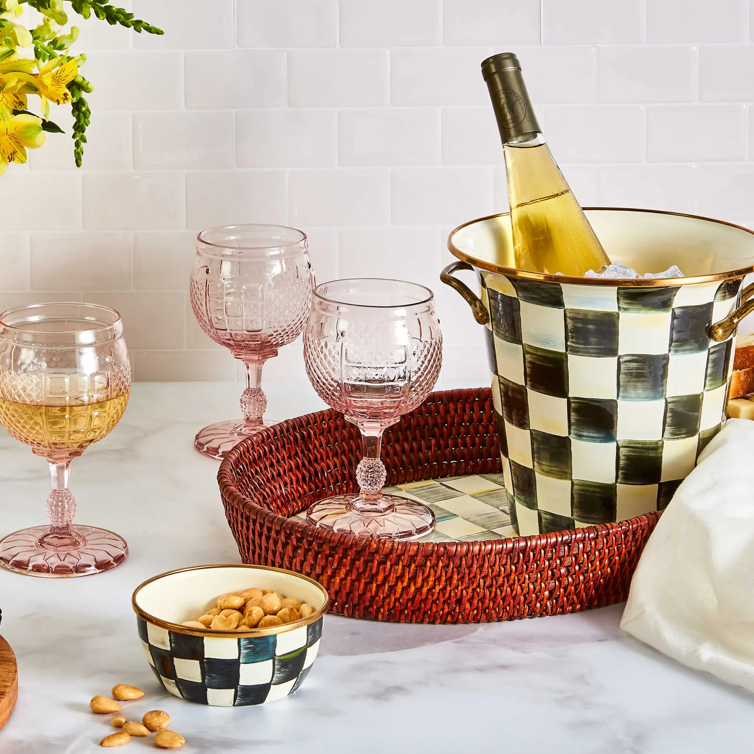 Bar Entertaining|Serveware|MacKenzie-Childs Sterling Check Rattan Enamel Large Serving Tray