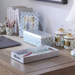 Room Accents|MacKenzie-Childs Sterling Check Small Lacquer Decorative Box with Hinged Lid