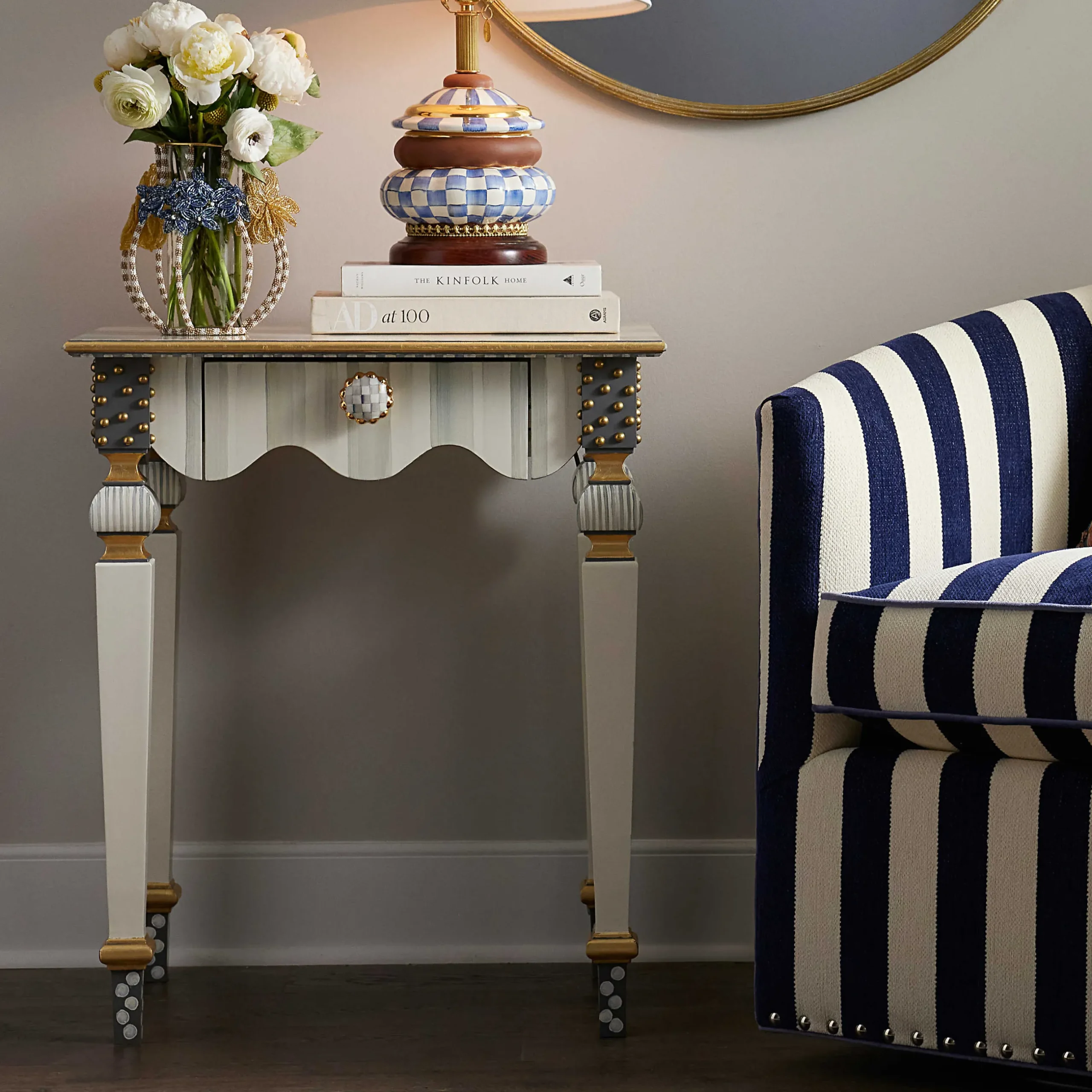 Living Room|MacKenzie-Childs Sterling Check Stripe Side Table