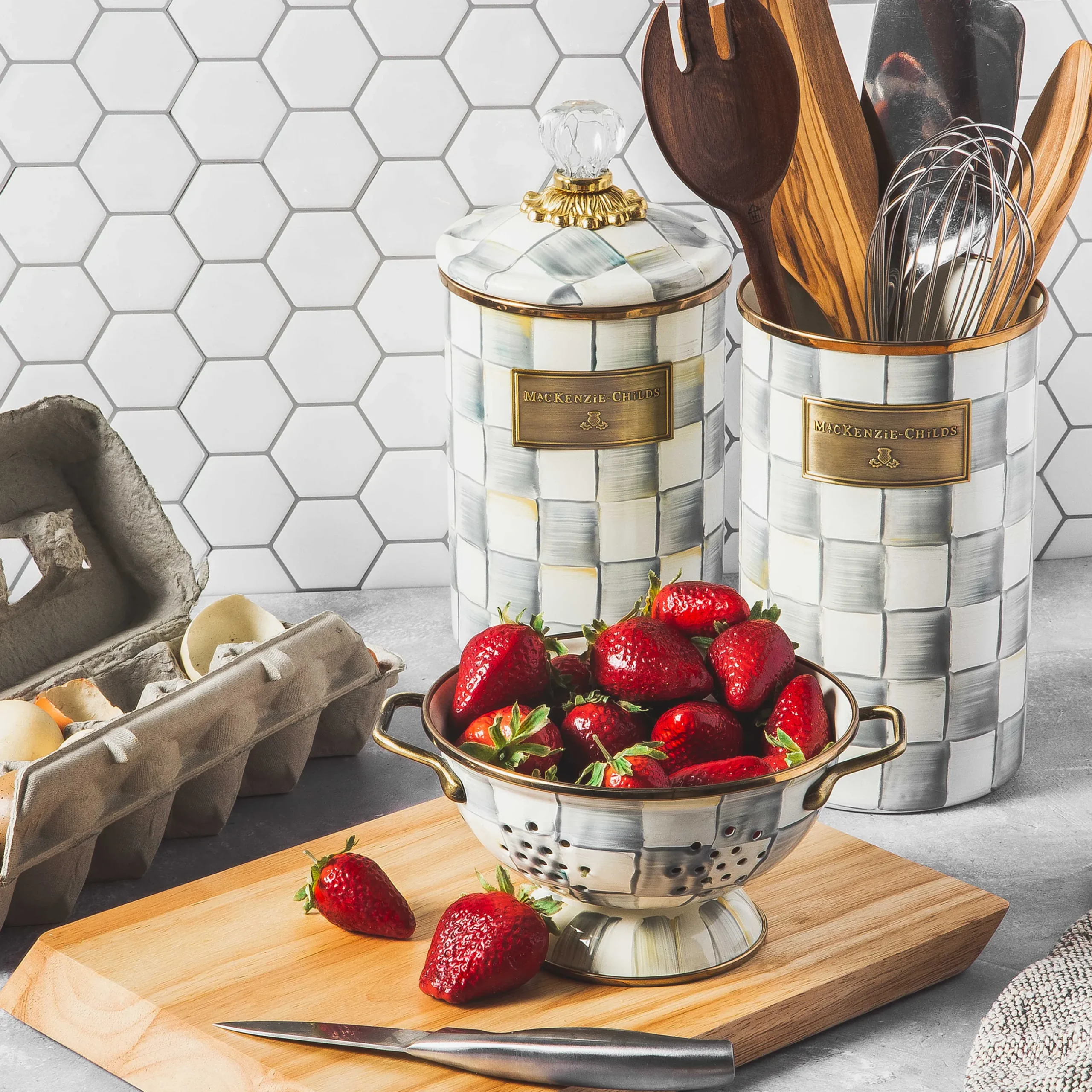 Kitchen Storage & Organization|MacKenzie-Childs Sterling Check Utensil Holder