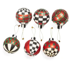 Holiday|MacKenzie-Childs Tartan Glass Large Ball Ornaments, Set of 6