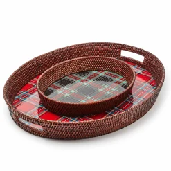 Serveware|MacKenzie-Childs Tartan Large Black Rattan Serving Tray